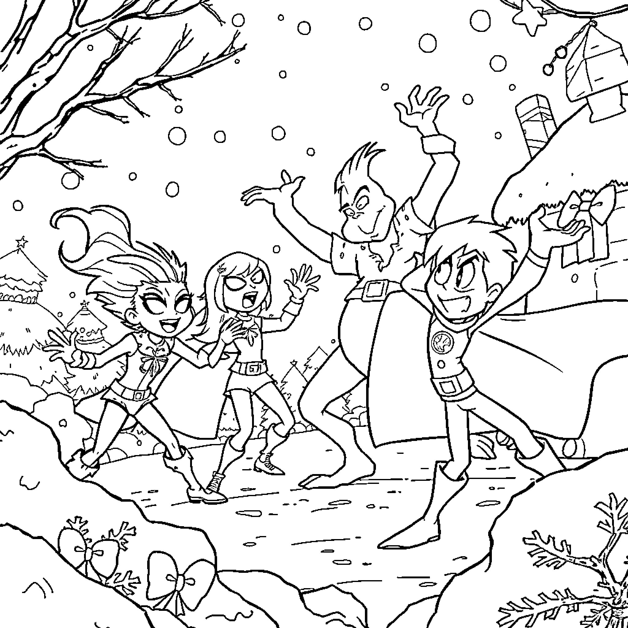 Teen Titans playing in the winter wonderland Coloring Page (free black-and-white line drawing printable PDF for all, from beginners to advanced learners, including children, teens, adults, and seniors)