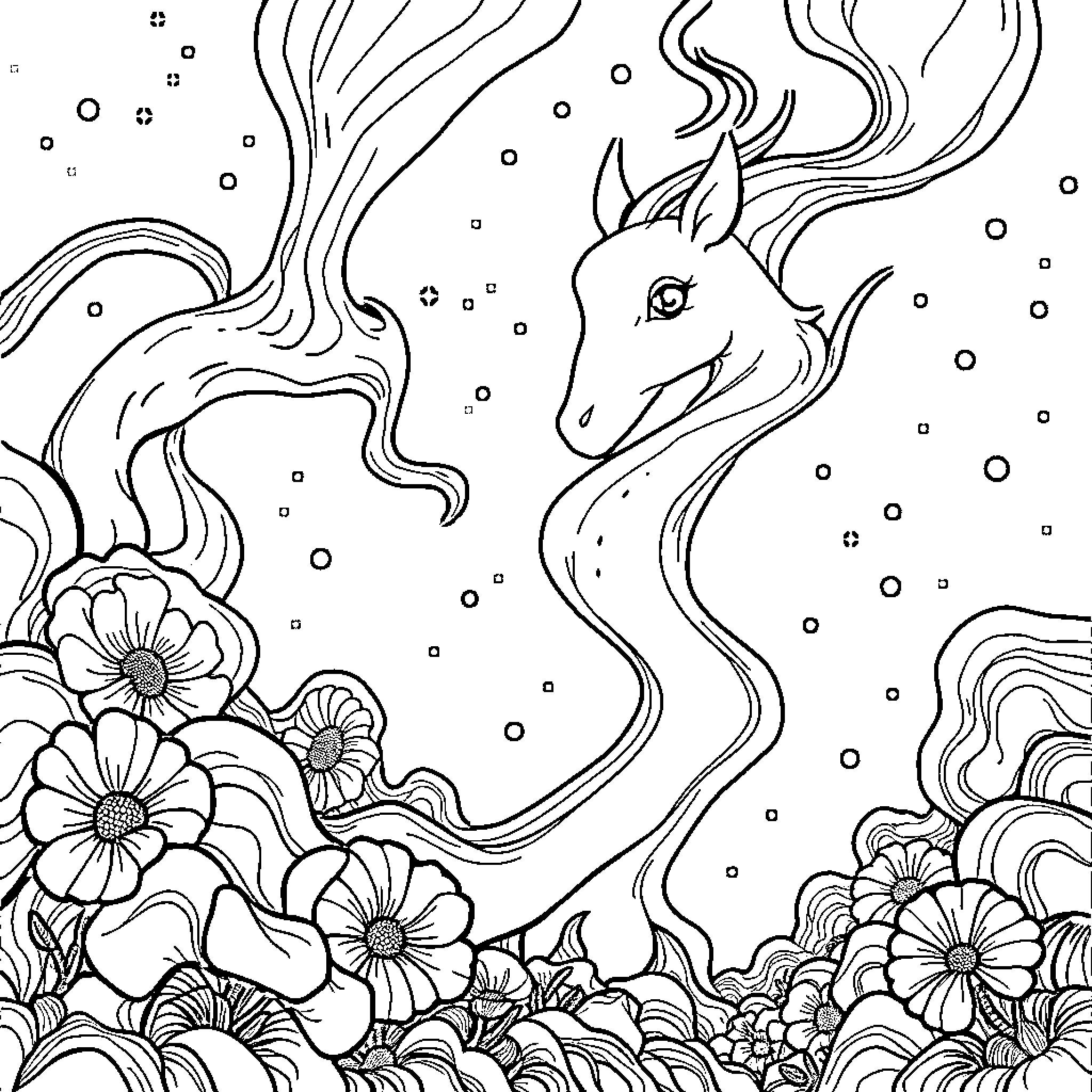 Move Through Flowing Floral Fantasia Coloring Page (free black-and-white line drawing printable PDF for all, from beginners to advanced learners, including children, teens, adults, and seniors)