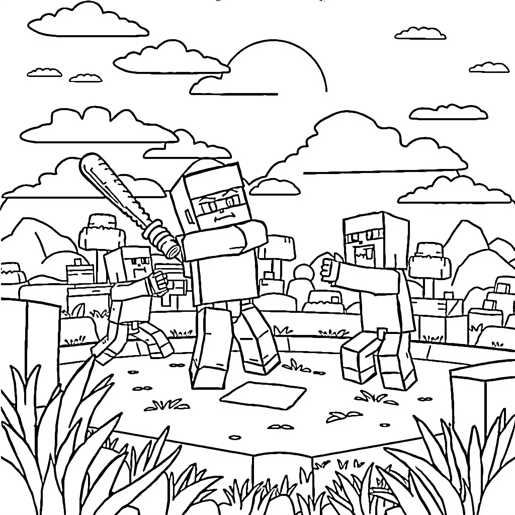 Minecraft characters exploring a landscape Coloring Page (free black-and-white line drawing printable PDF for all, from beginners to advanced learners, including children, teens, adults, and seniors)