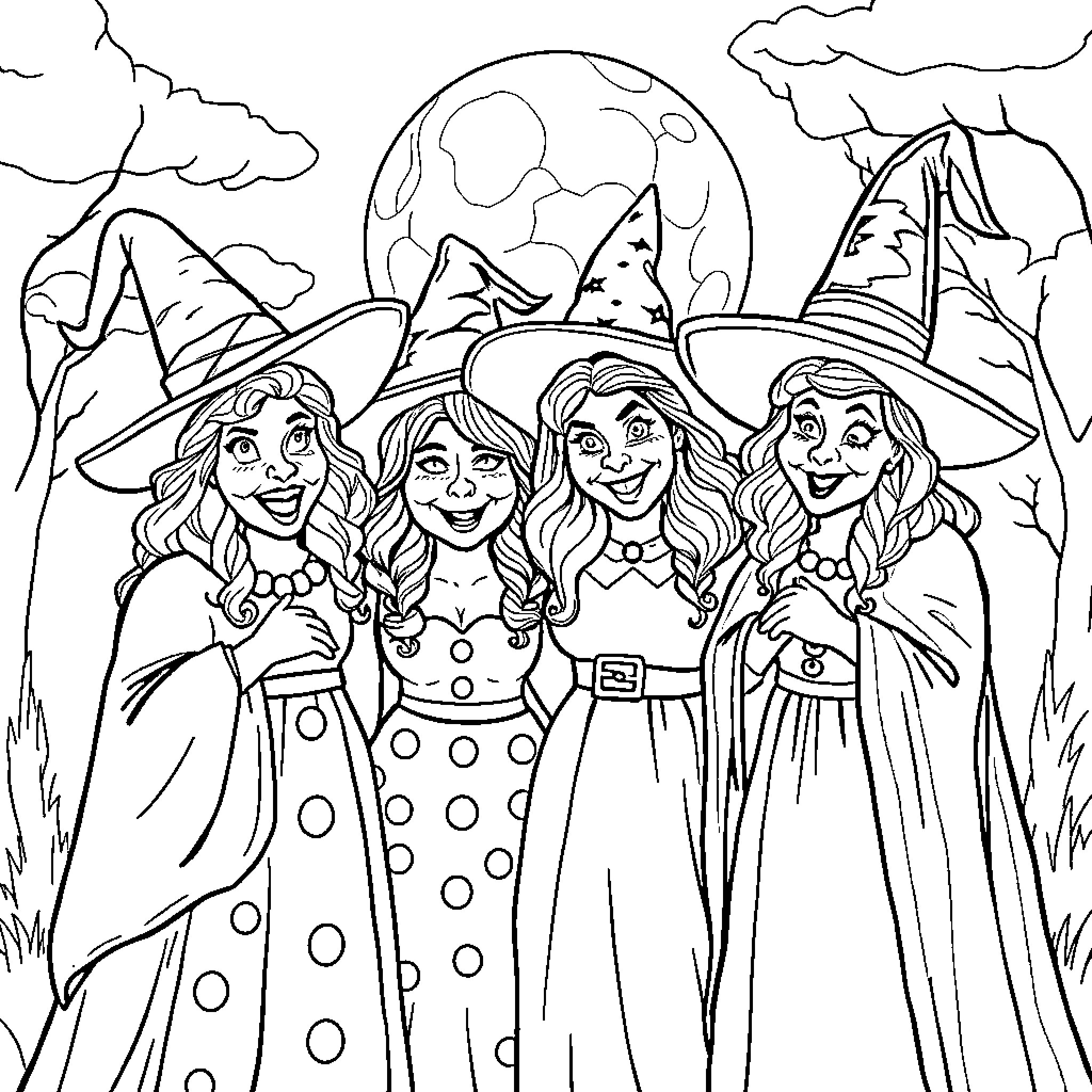 Sanderson Sisters in Whimsical Witch Attire Coloring Page (free black-and-white line drawing printable PDF for all, from beginners to advanced learners, including children, teens, adults, and seniors)