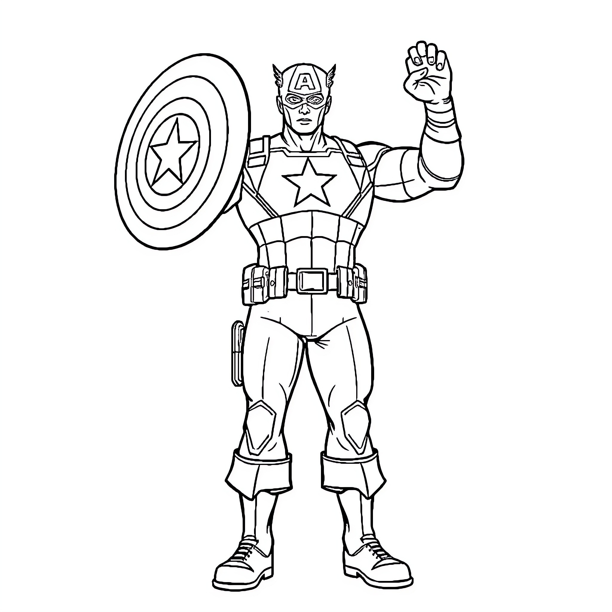 Captain America in heroic action pose Coloring Page (free black-and-white line drawing printable PDF for all, from beginners to advanced learners, including children, teens, adults, and seniors)