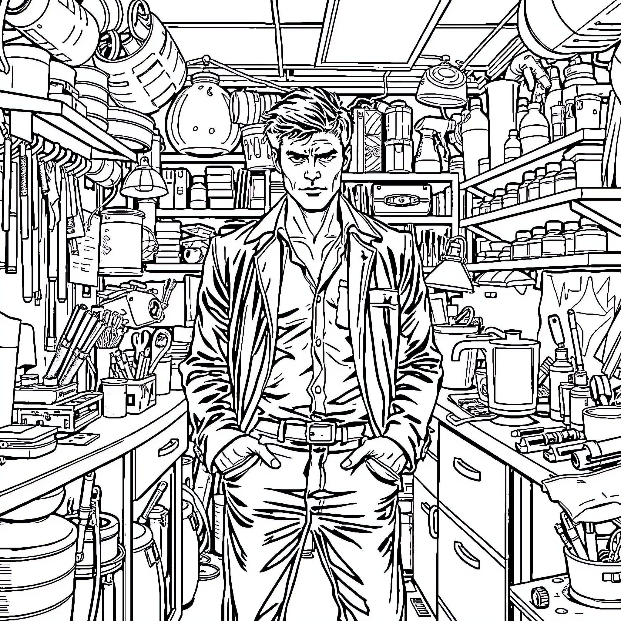 Dexter Morgan in his forensic lab, surrounded by scientific equipment Coloring Page (free black-and-white line drawing printable PDF for all, from beginners to advanced learners, including children, teens, adults, and seniors)