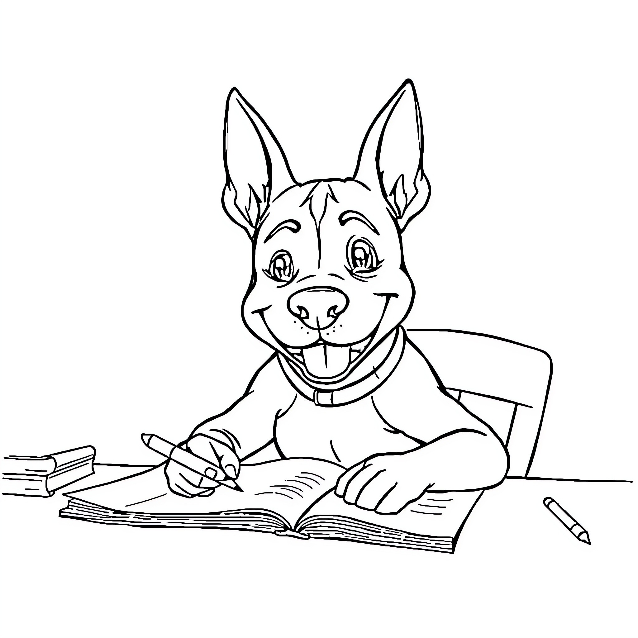 Pit Bull Reading and Learning Coloring Page (free black-and-white line drawing printable PDF for all, from beginners to advanced learners, including children, teens, adults, and seniors)