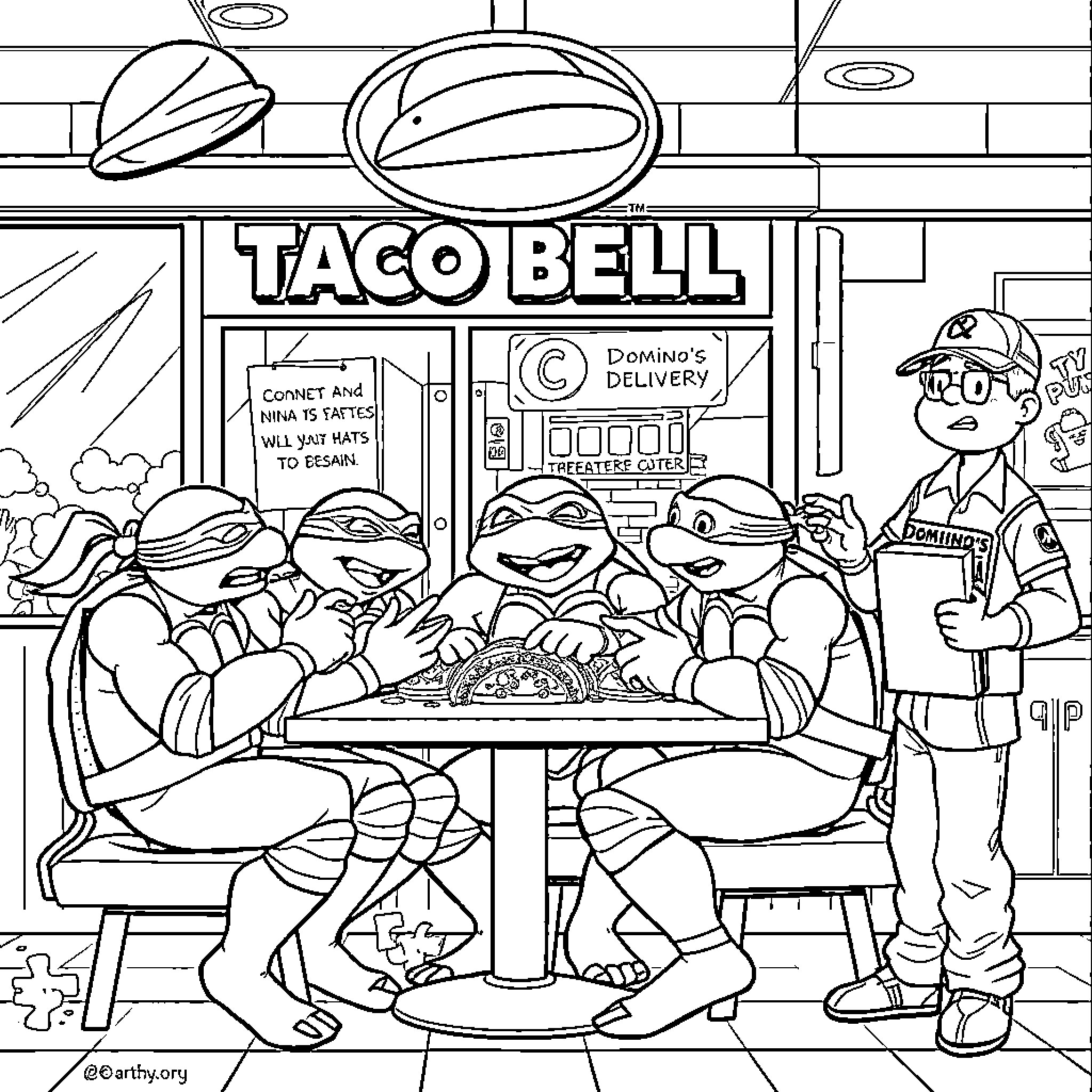 Teenage Mutant Ninja Turtles enjoying a pizza at Taco Bell Coloring Page (free black-and-white line drawing printable PDF for all, from beginners to advanced learners, including children, teens, adults, and seniors)