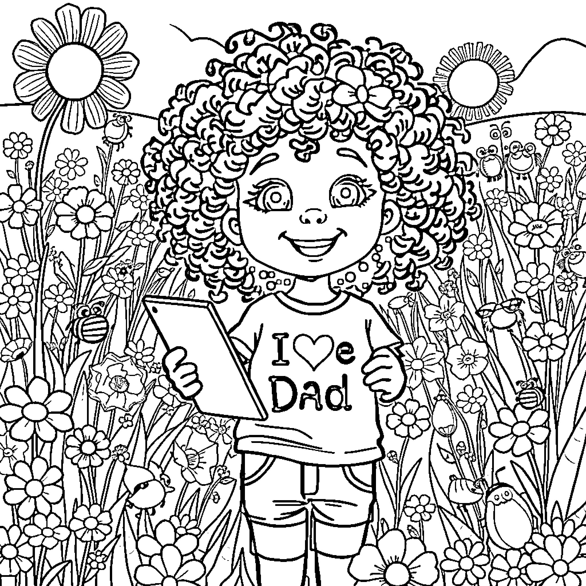 Girl holding a sign expressing love for her dad Coloring Page (free black-and-white line drawing printable PDF for all, from beginners to advanced learners, including children, teens, adults, and seniors)