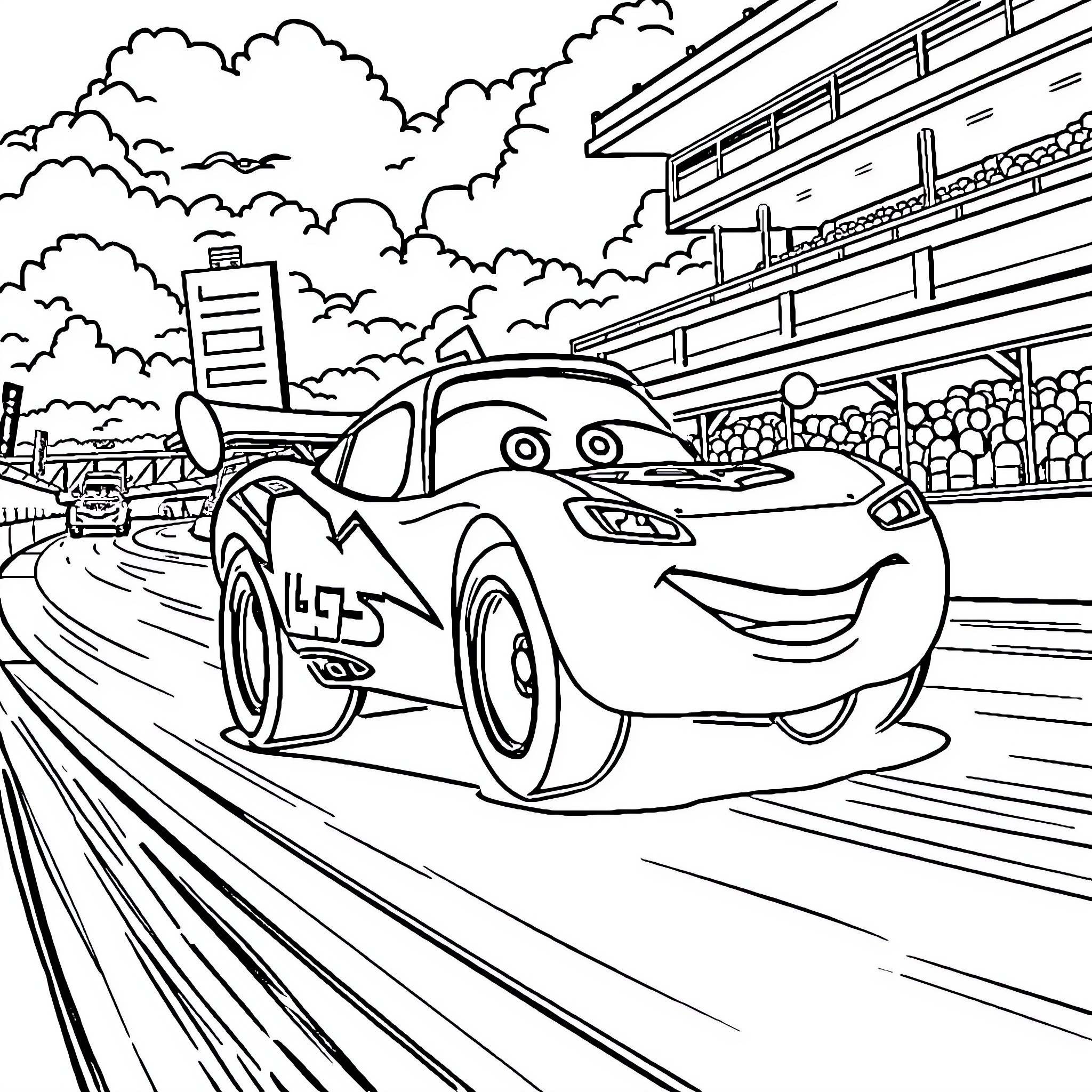 Lightning McQueen racing on the track Coloring Page (free black-and-white line drawing printable PDF for all, from beginners to advanced learners, including children, teens, adults, and seniors)