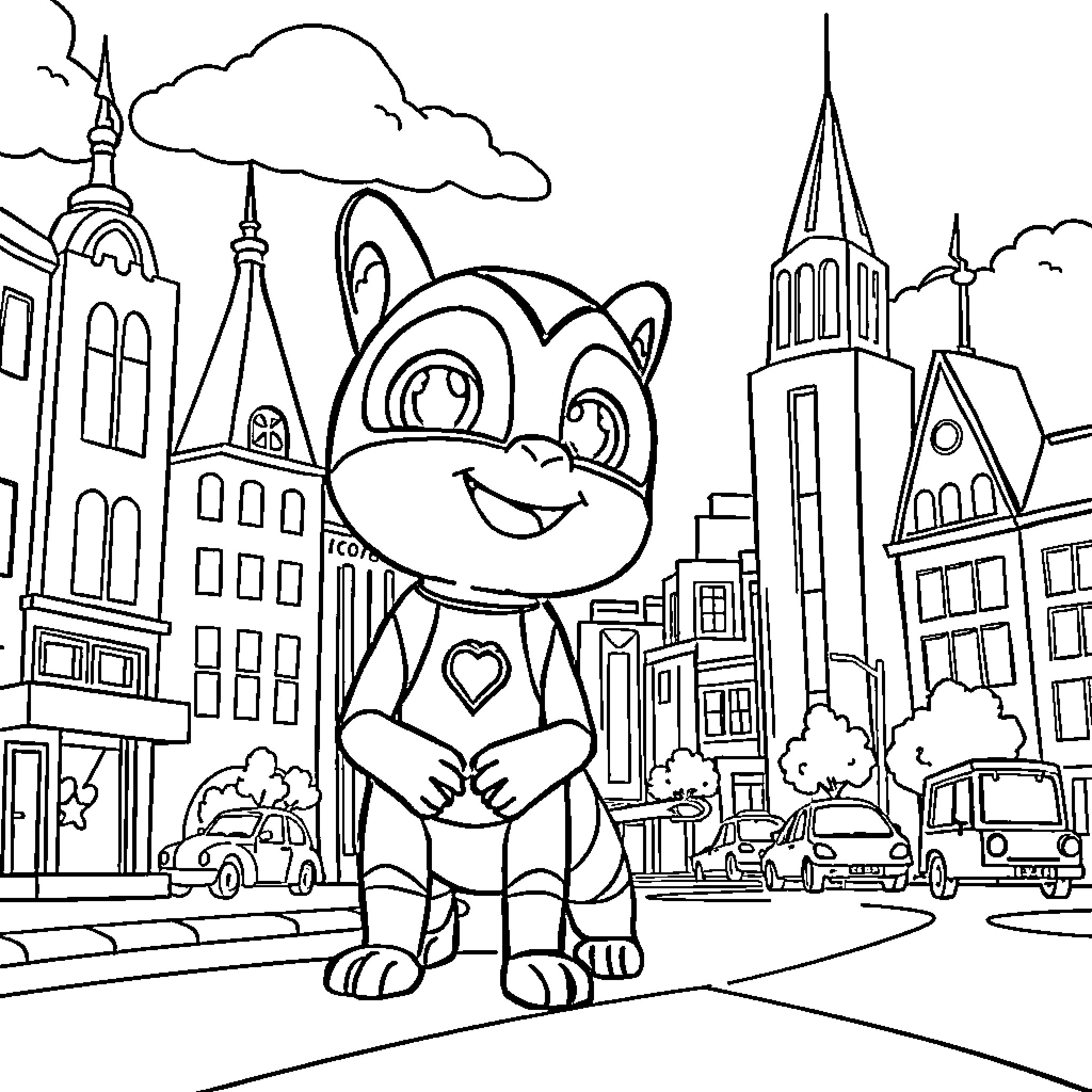 Patrol of cute cartoon character in urban cityscape Coloring Page (free black-and-white line drawing printable PDF for all, from beginners to advanced learners, including children, teens, adults, and seniors)