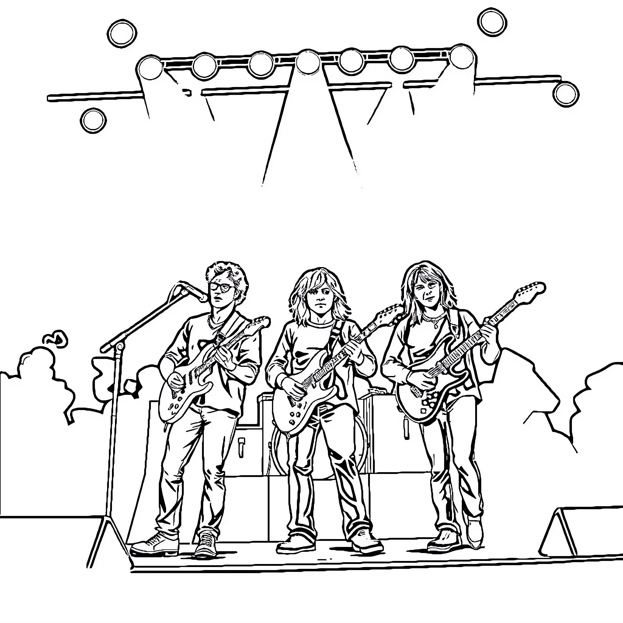 Pink Floyd band performing on stage Coloring Page (free black-and-white line drawing printable PDF for all, from beginners to advanced learners, including children, teens, adults, and seniors)