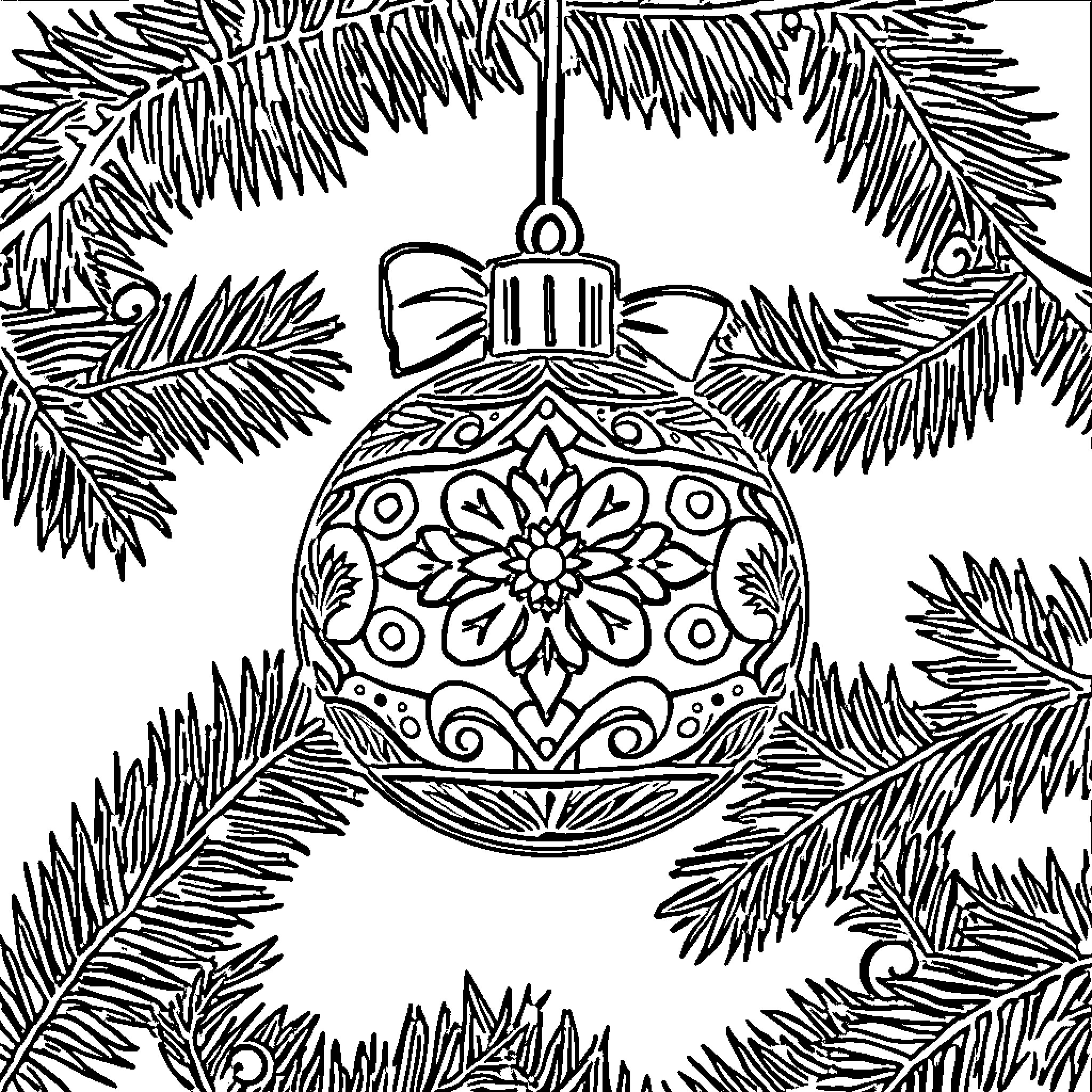 Ornament with Intricate Patterns on Christmas Tree Branches Coloring Page (free black-and-white line drawing printable PDF for all, from beginners to advanced learners, including children, teens, adults, and seniors)