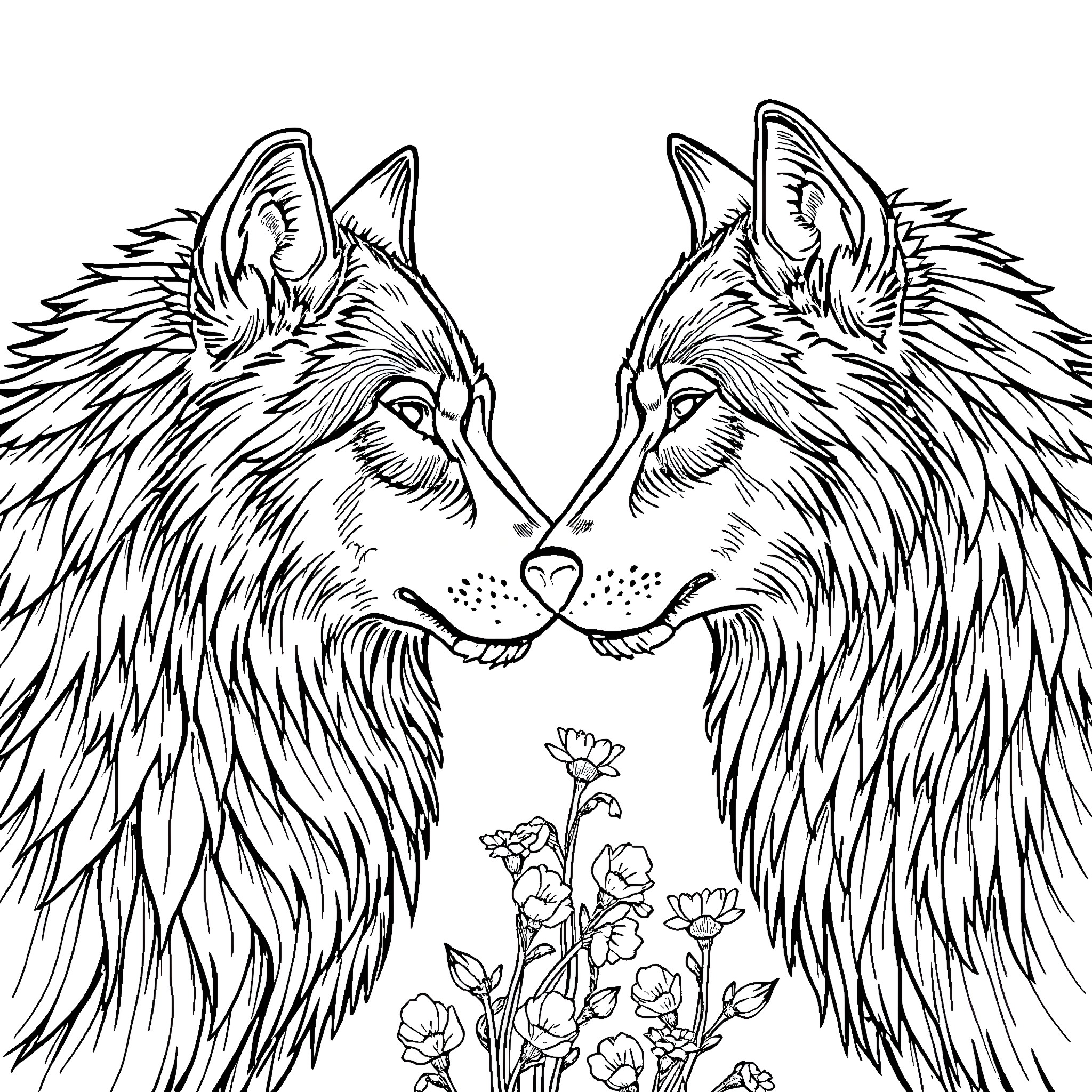Wolf Pair Interacting Affectionately with Floral Backdrop Coloring Page (free black-and-white line drawing printable PDF for all, from beginners to advanced learners, including children, teens, adults, and seniors)