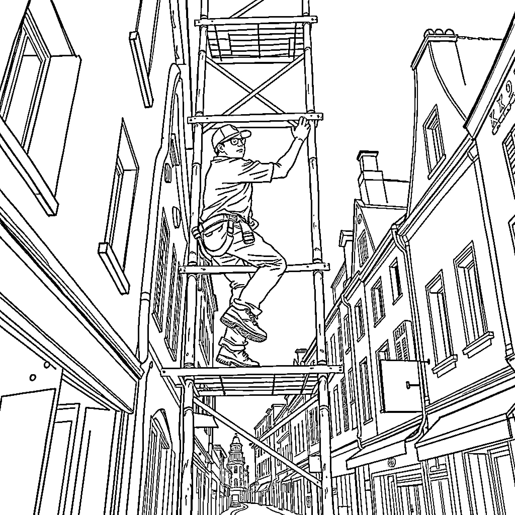 Guy scaling building with construction equipment Coloring Page (free black-and-white line drawing printable PDF for all, from beginners to advanced learners, including children, teens, adults, and seniors)
