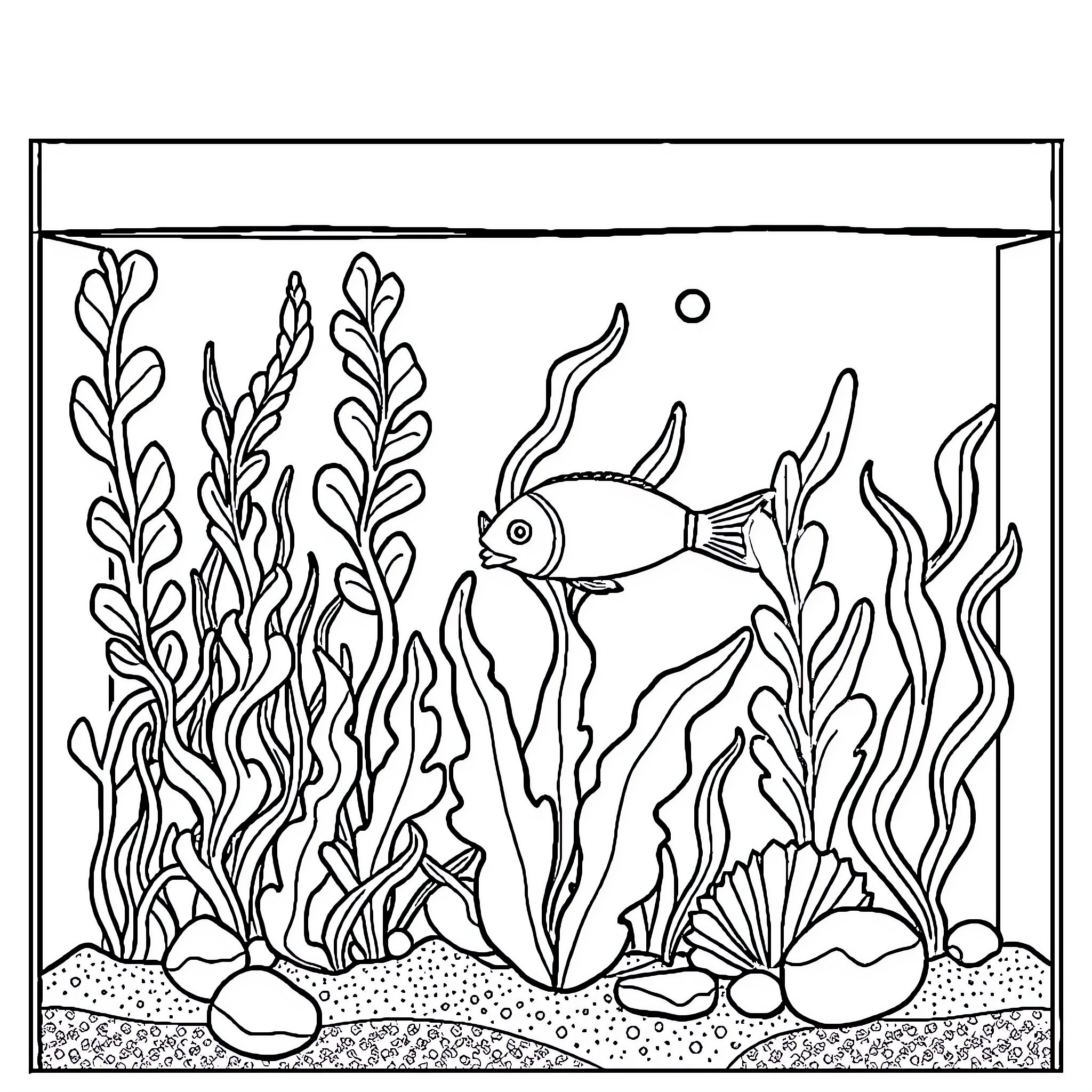 Plant Life in an Aquarium Coloring Page (free black-and-white line drawing printable PDF for all, from beginners to advanced learners, including children, teens, adults, and seniors)