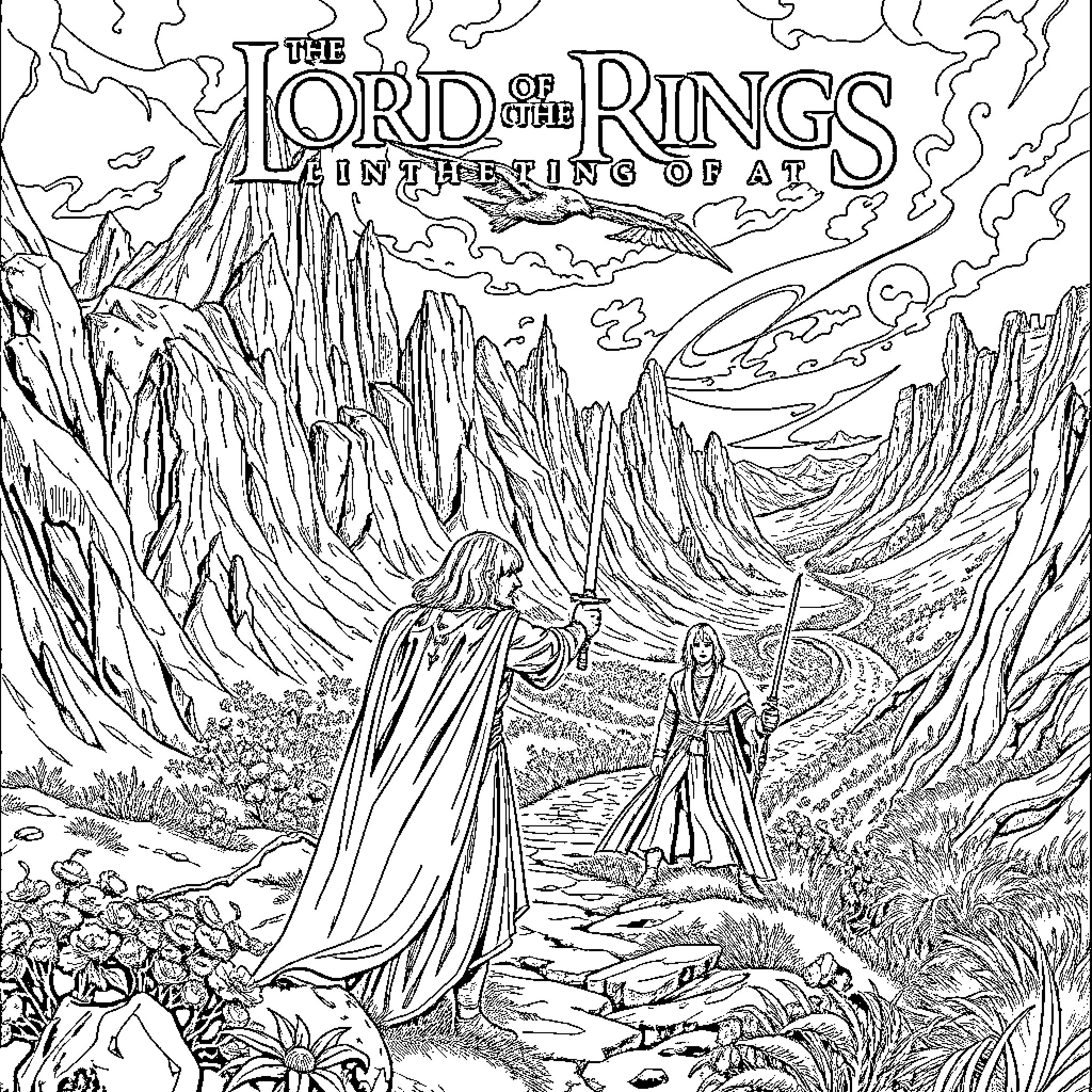 Lord of the Rings characters in a fantastical landscape Coloring Page (free black-and-white line drawing printable PDF for all, from beginners to advanced learners, including children, teens, adults, and seniors)