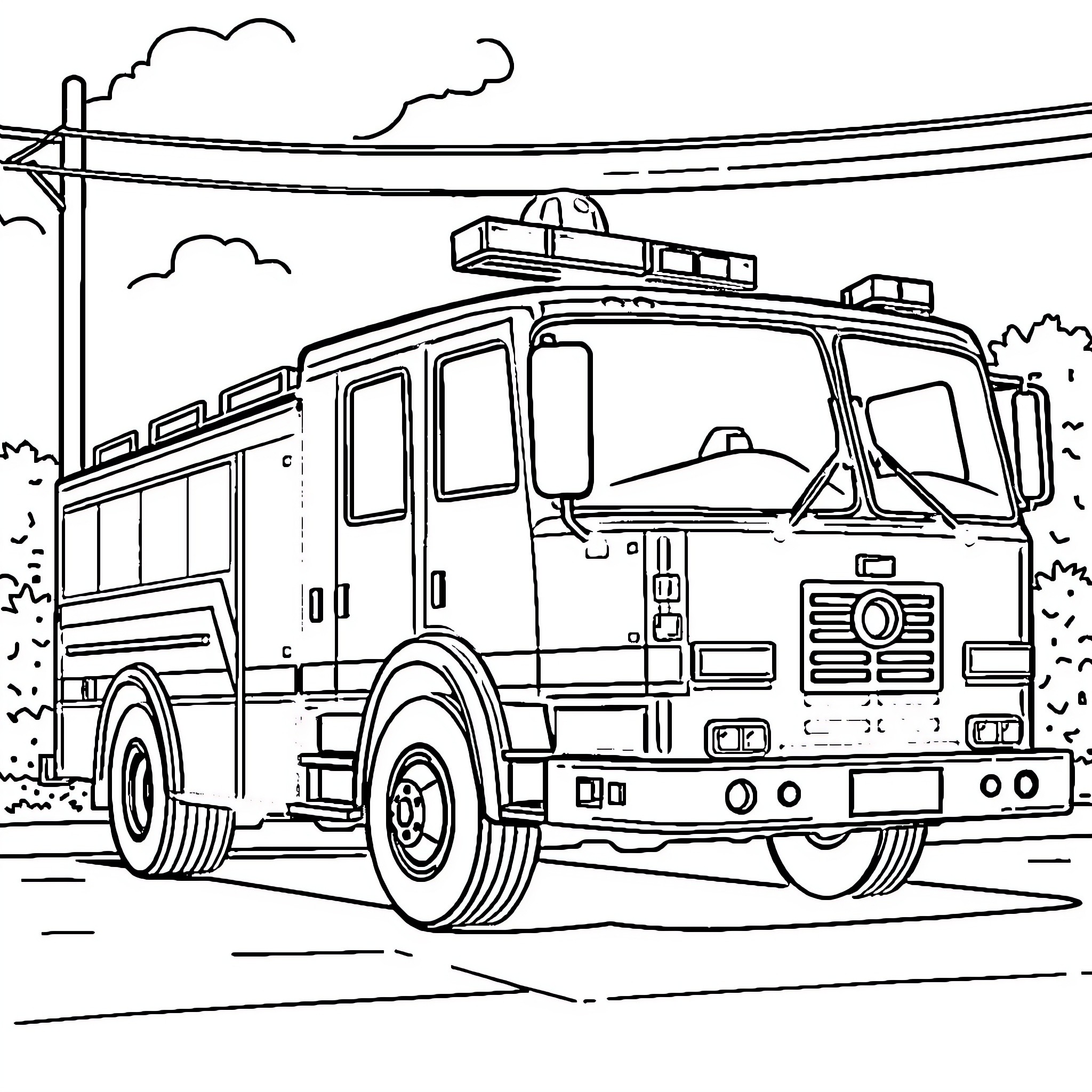 Fire Truck Parked on Street with Clouds Coloring Page (free black-and-white line drawing printable PDF for all, from beginners to advanced learners, including children, teens, adults, and seniors)