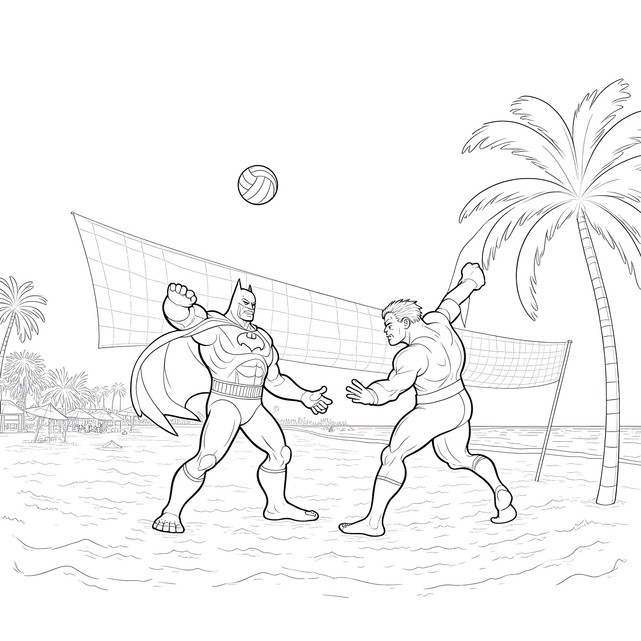 Batman playing volleyball with muscular hero on beach Coloring Page (free black-and-white line drawing printable PDF for all, from beginners to advanced learners, including children, teens, adults, and seniors)