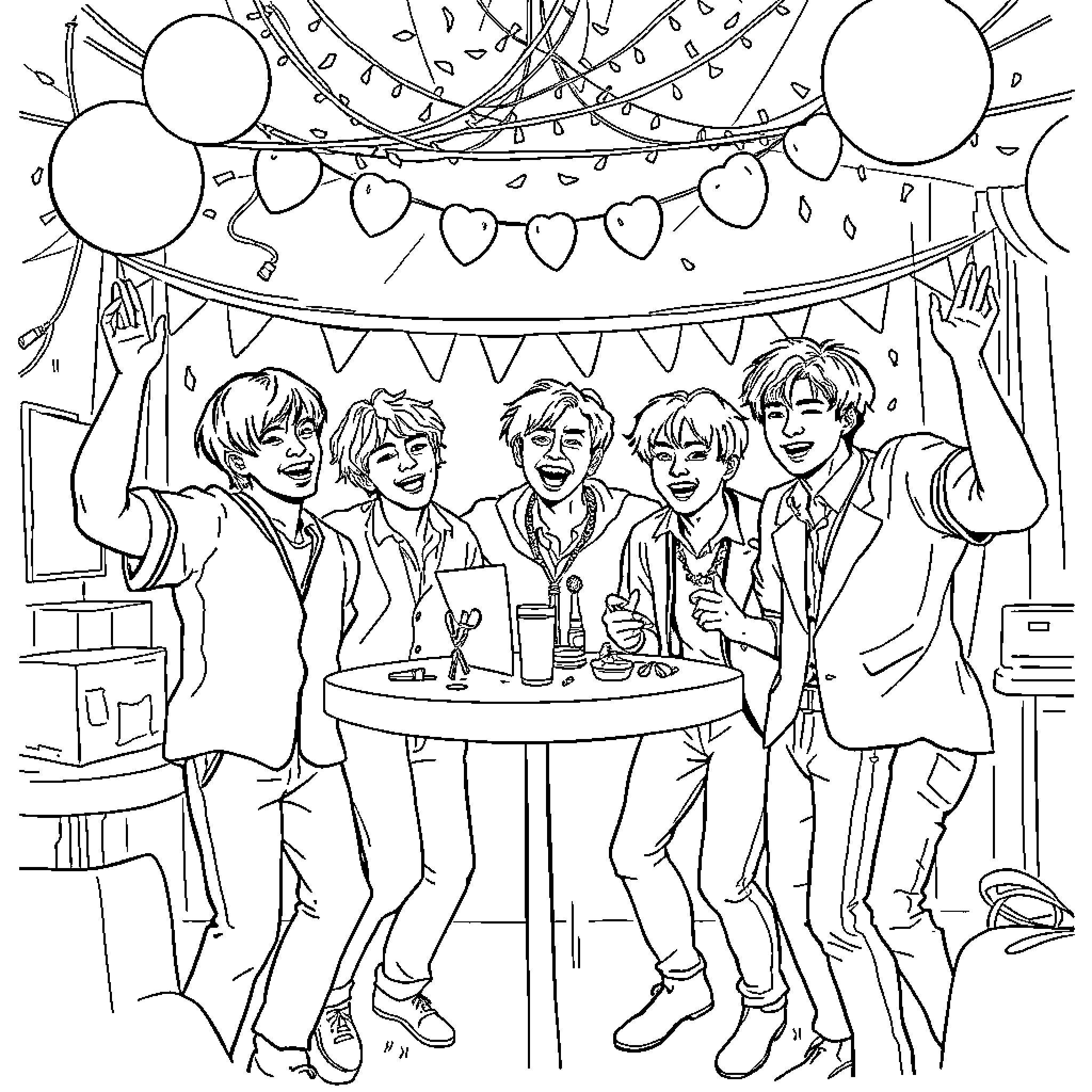 BTS Celebrating with Balloons and Party Decor Coloring Page (free black-and-white line drawing printable PDF for all, from beginners to advanced learners, including children, teens, adults, and seniors)
