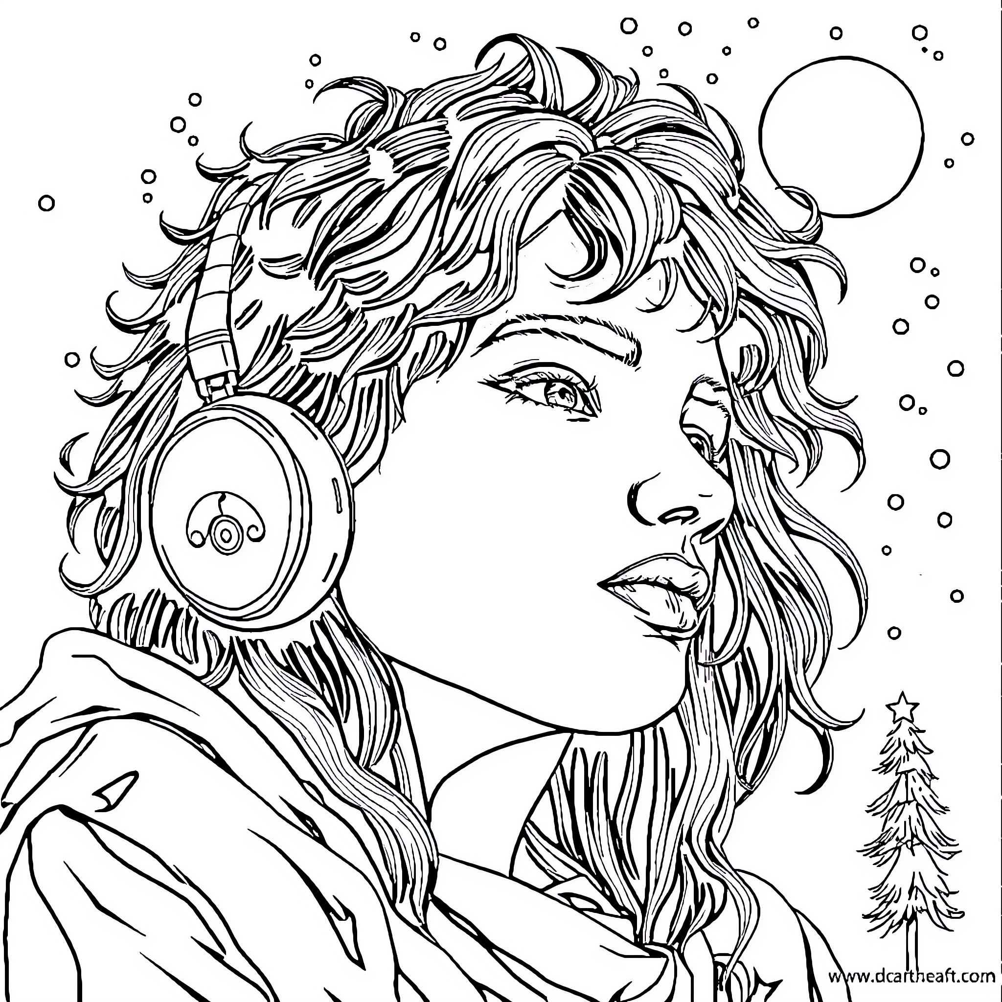 Everything about the Curly-Haired Figure in Wintry Scene Coloring Page (free black-and-white line drawing printable PDF for all, from beginners to advanced learners, including children, teens, adults, and seniors)