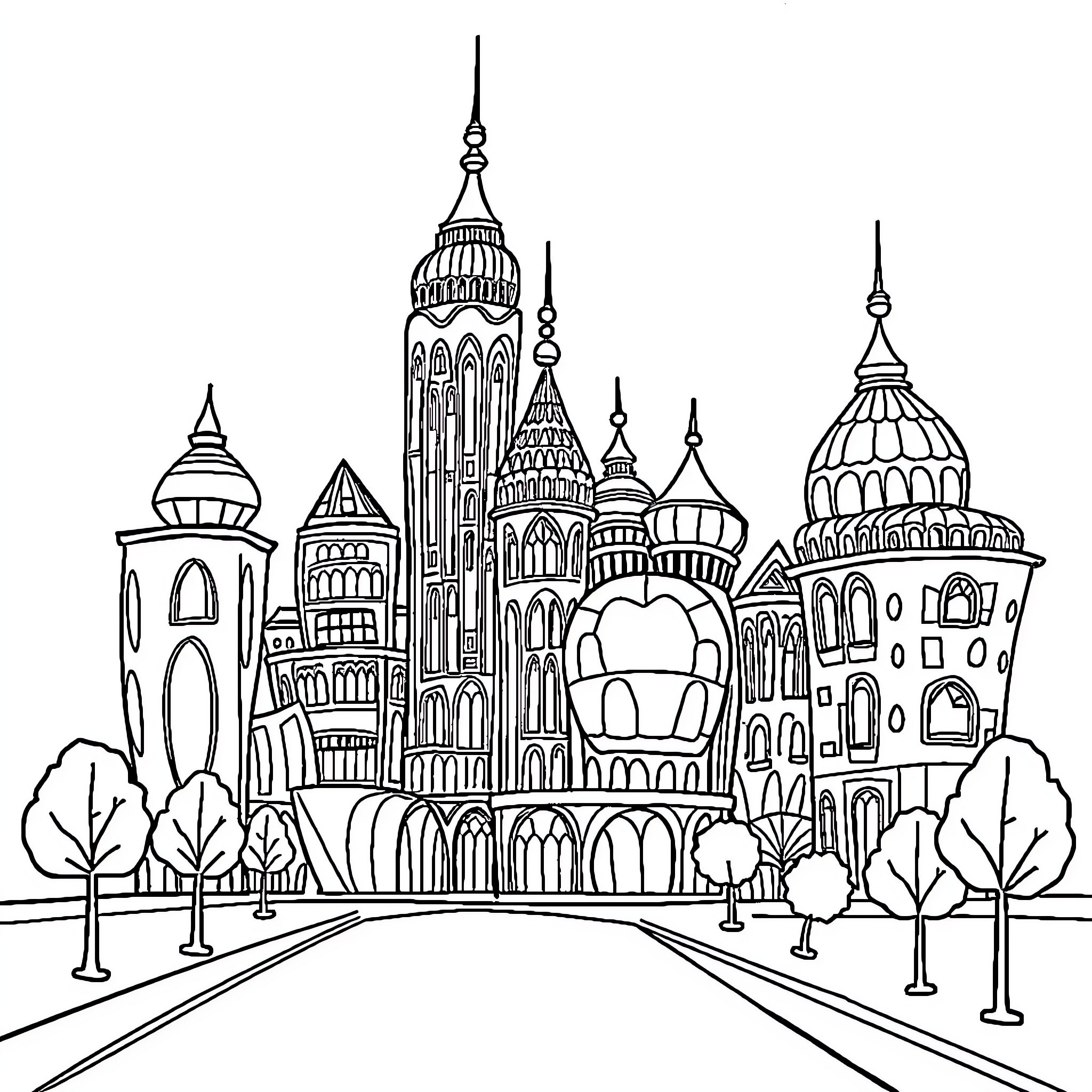 Building with Intricate Architecture and Towers Coloring Page (free black-and-white line drawing printable PDF for all, from beginners to advanced learners, including children, teens, adults, and seniors)