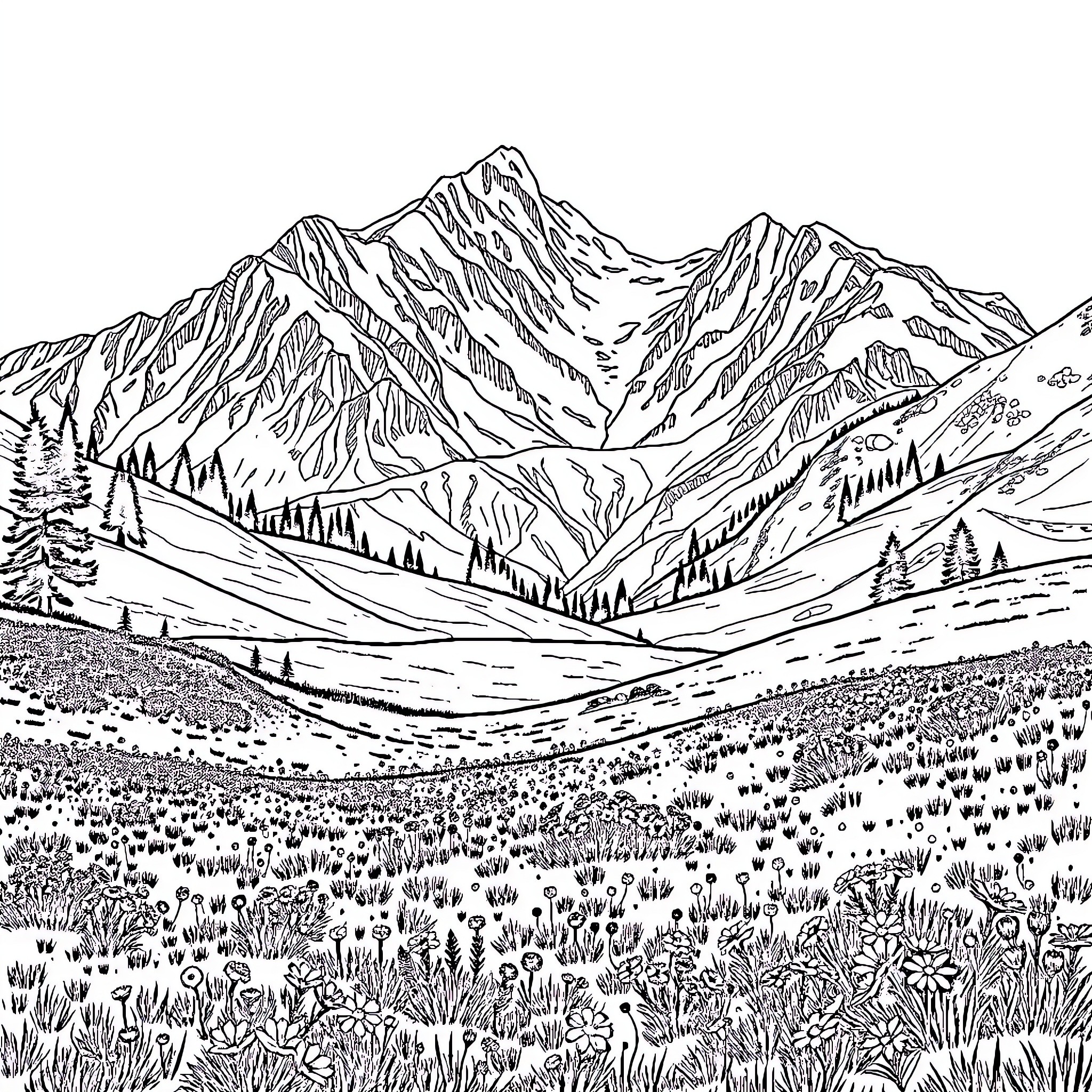 Mountain Landscape with Rugged Peaks and Meadow Coloring Page (free black-and-white line drawing printable PDF for all, from beginners to advanced learners, including children, teens, adults, and seniors)