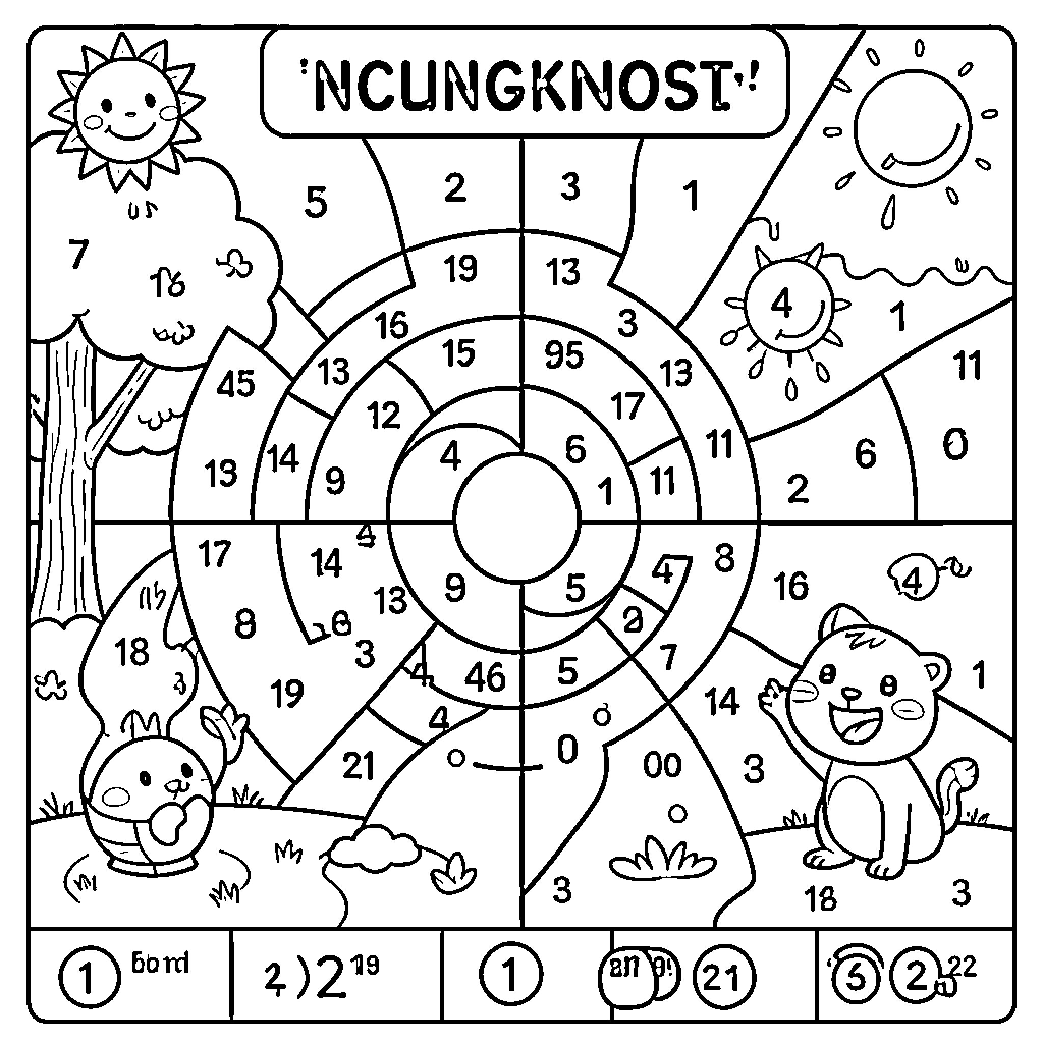 Color By Number Sunny Day with Animals and Nature Coloring Page (free black-and-white line drawing printable PDF for all, from beginners to advanced learners, including children, teens, adults, and seniors)