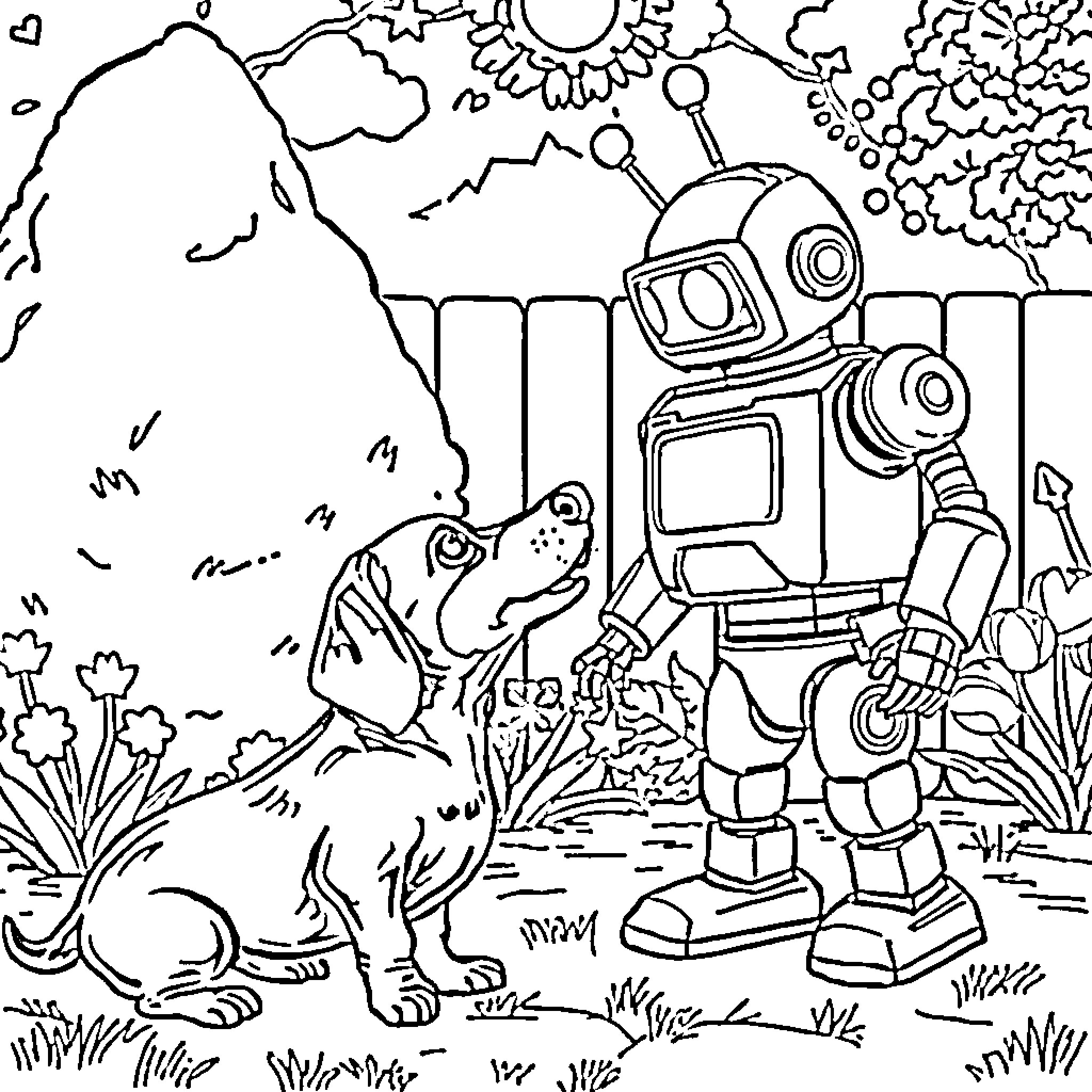 Dachshund and Robot Exploring the Outdoors Coloring Page (free black-and-white line drawing printable PDF for all, from beginners to advanced learners, including children, teens, adults, and seniors)