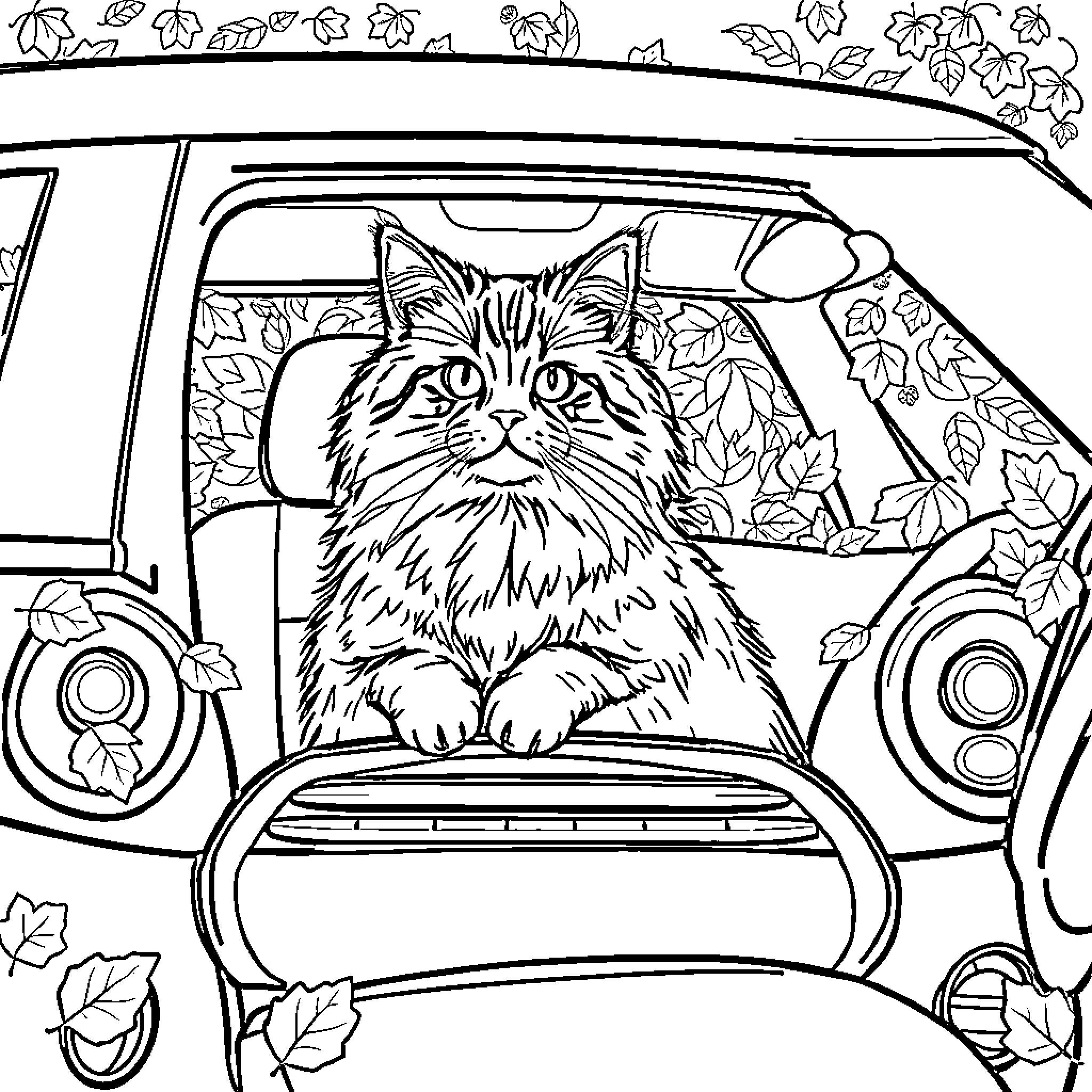 Cat riding in a car surrounded by autumn leaves Coloring Page (free black-and-white line drawing printable PDF for all, from beginners to advanced learners, including children, teens, adults, and seniors)