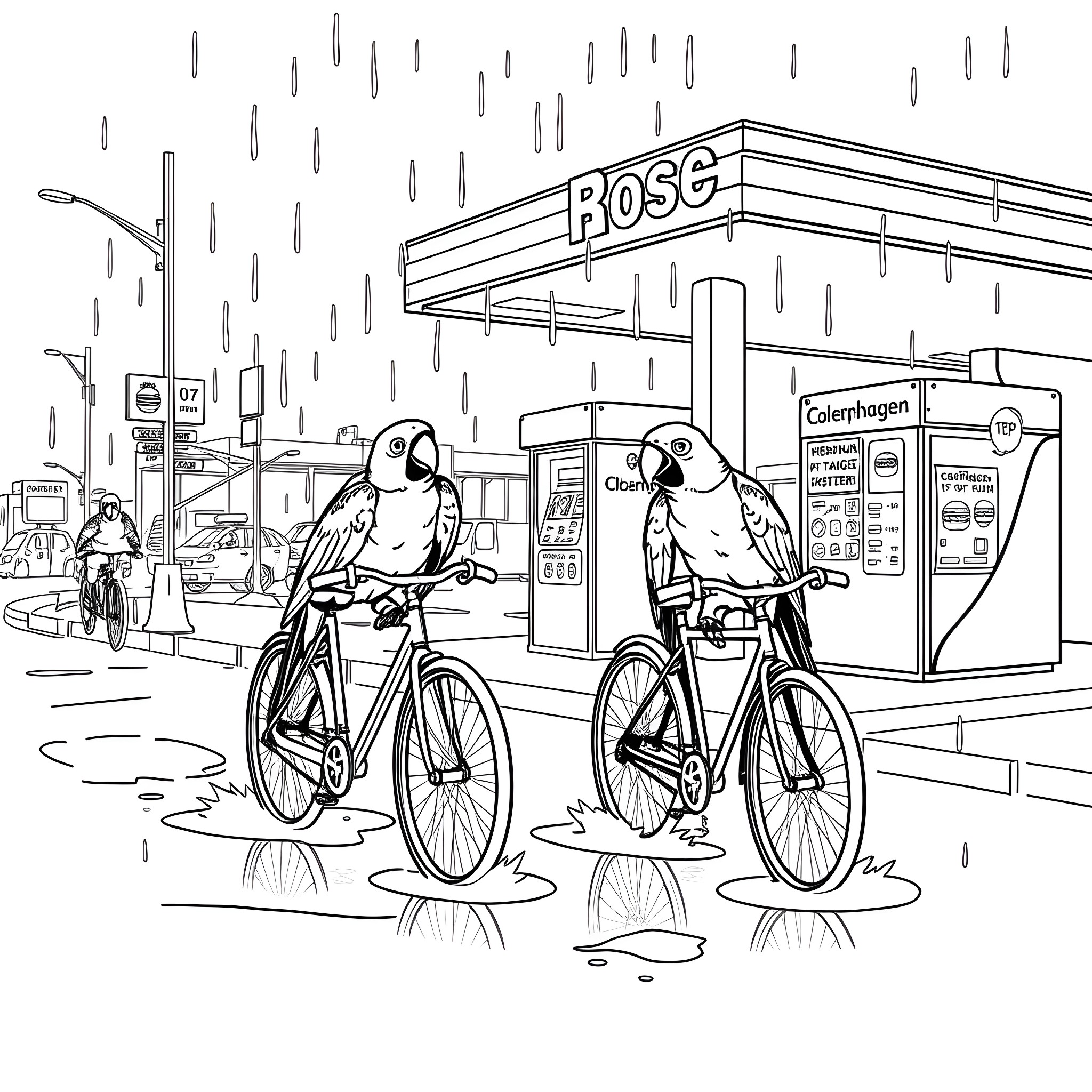 Parrots riding bicycles in the rain near gas station Coloring Page (free black-and-white line drawing printable PDF for all, from beginners to advanced learners, including children, teens, adults, and seniors)