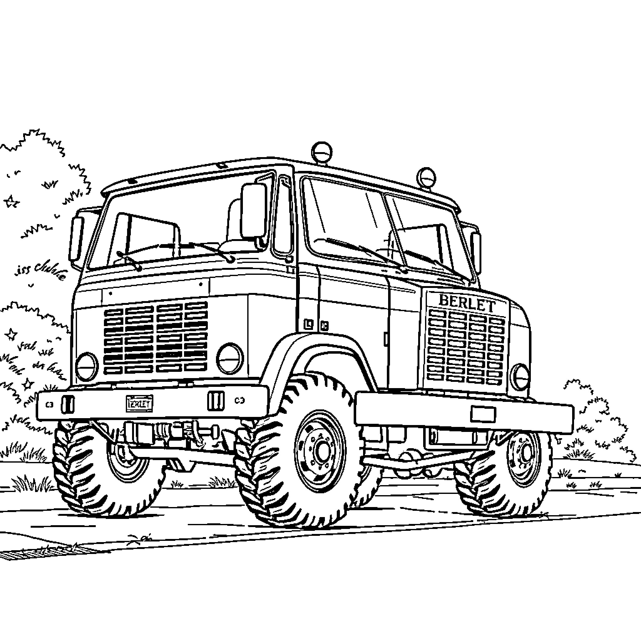 Berliet TR 280 off-road truck in rural landscape Coloring Page (free black-and-white line drawing printable PDF for all, from beginners to advanced learners, including children, teens, adults, and seniors)