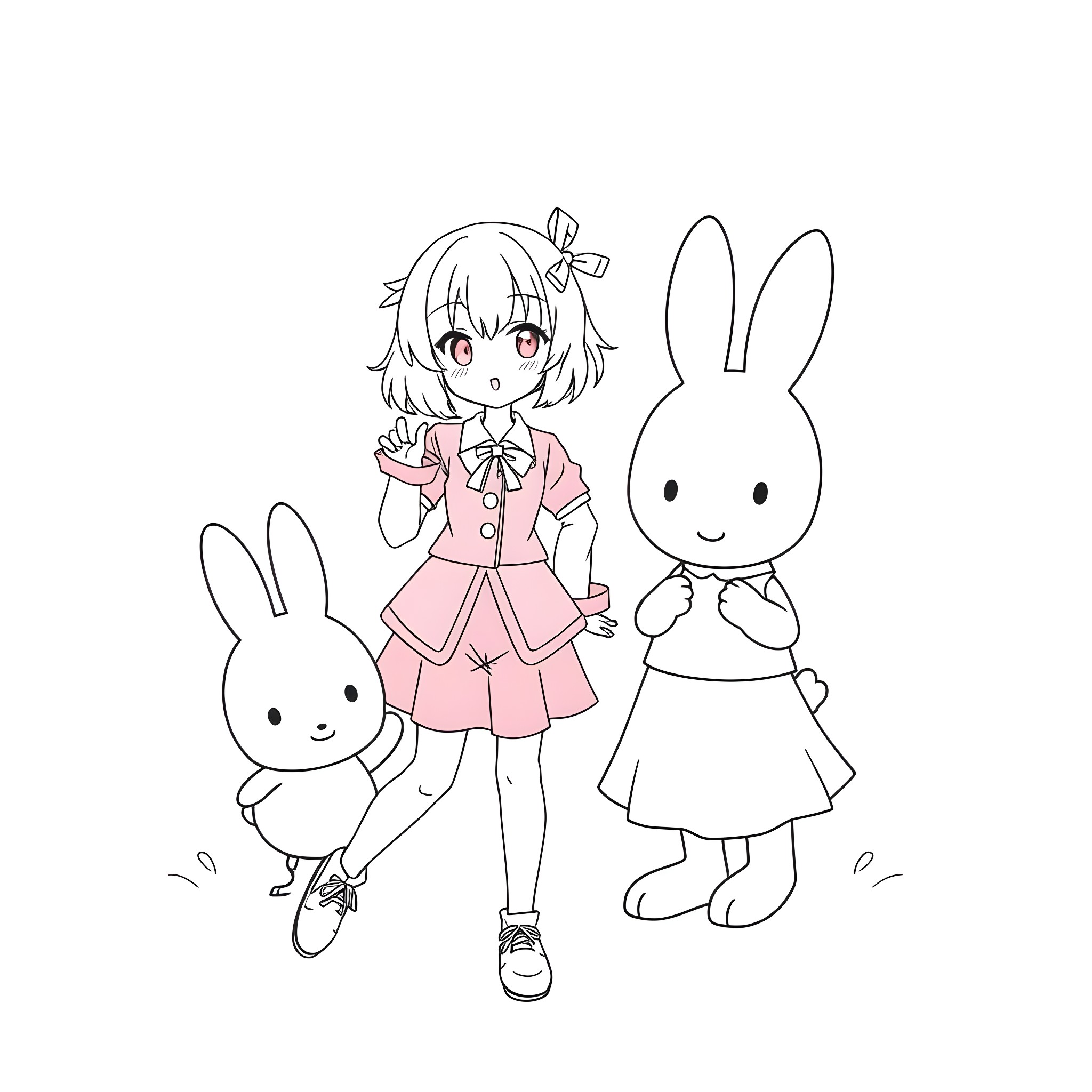 Kohaku Oukawa posing with adorable rabbit companions Coloring Page (free black-and-white line drawing printable PDF for all, from beginners to advanced learners, including children, teens, adults, and seniors)