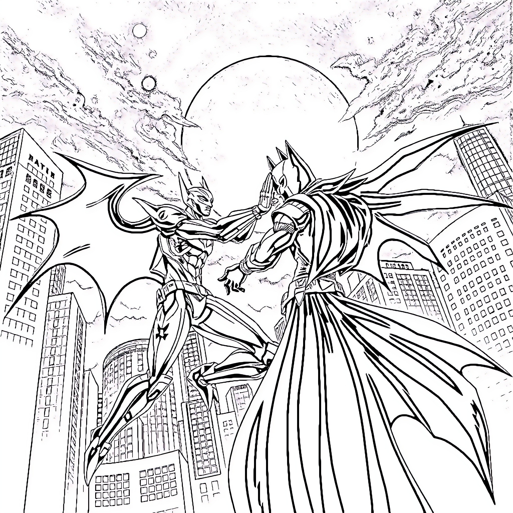 Evangelion: Heroic Battle in Cityscape Coloring Page (free black-and-white line drawing printable PDF for all, from beginners to advanced learners, including children, teens, adults, and seniors)