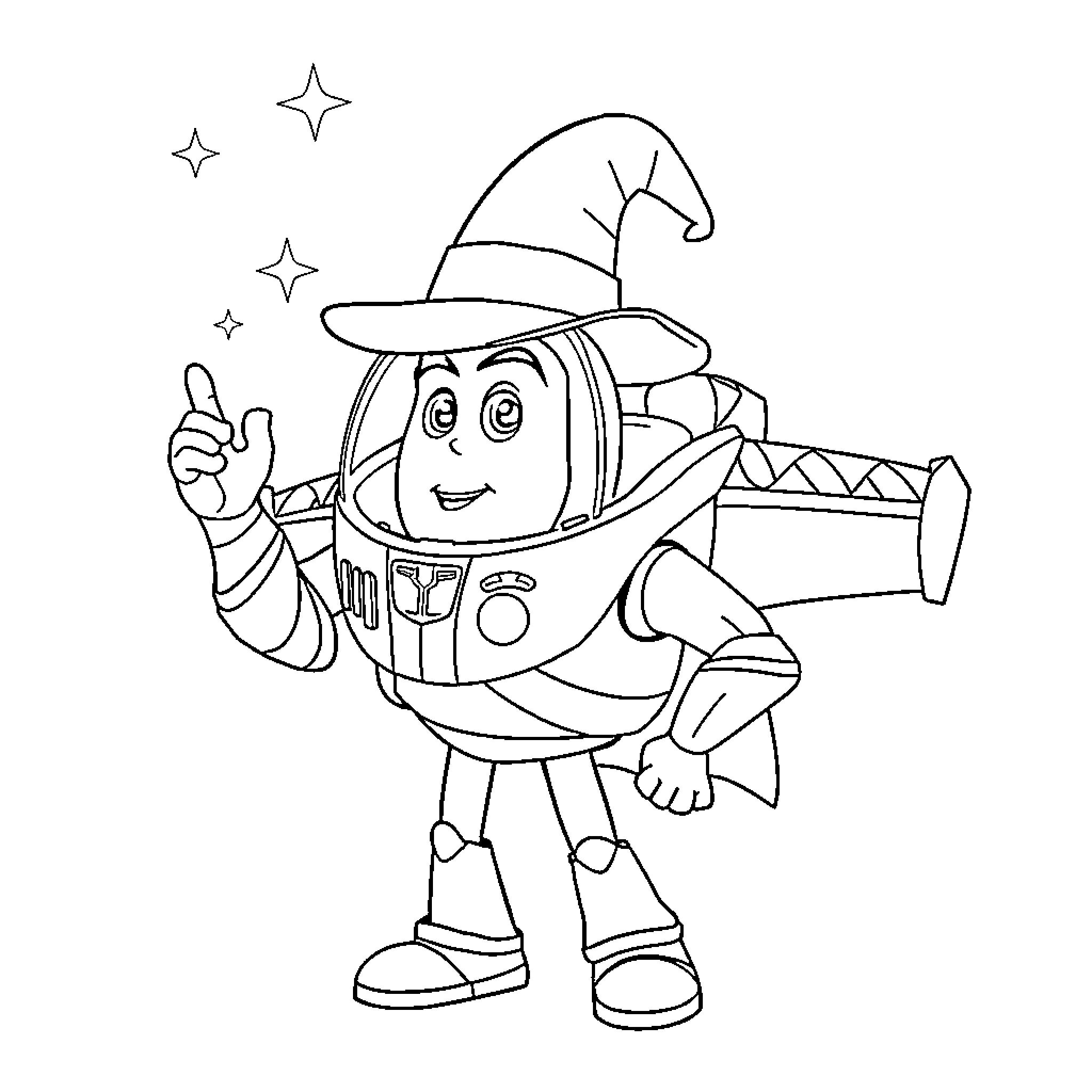 Buzz Lightyear in magical wizard outfit Coloring Page (free black-and-white line drawing printable PDF for all, from beginners to advanced learners, including children, teens, adults, and seniors)