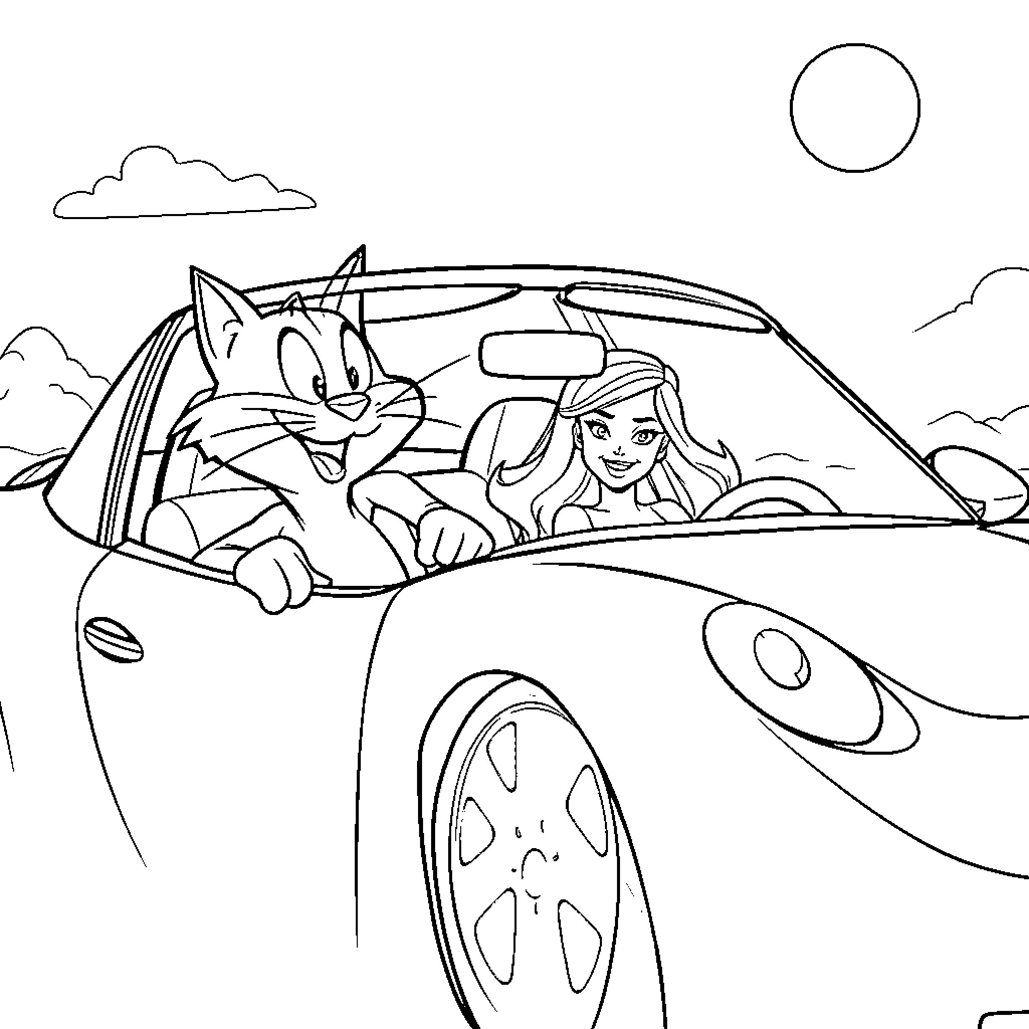 Sylvester and the driver enjoying a road trip Coloring Page (free black-and-white line drawing printable PDF for all, from beginners to advanced learners, including children, teens, adults, and seniors)