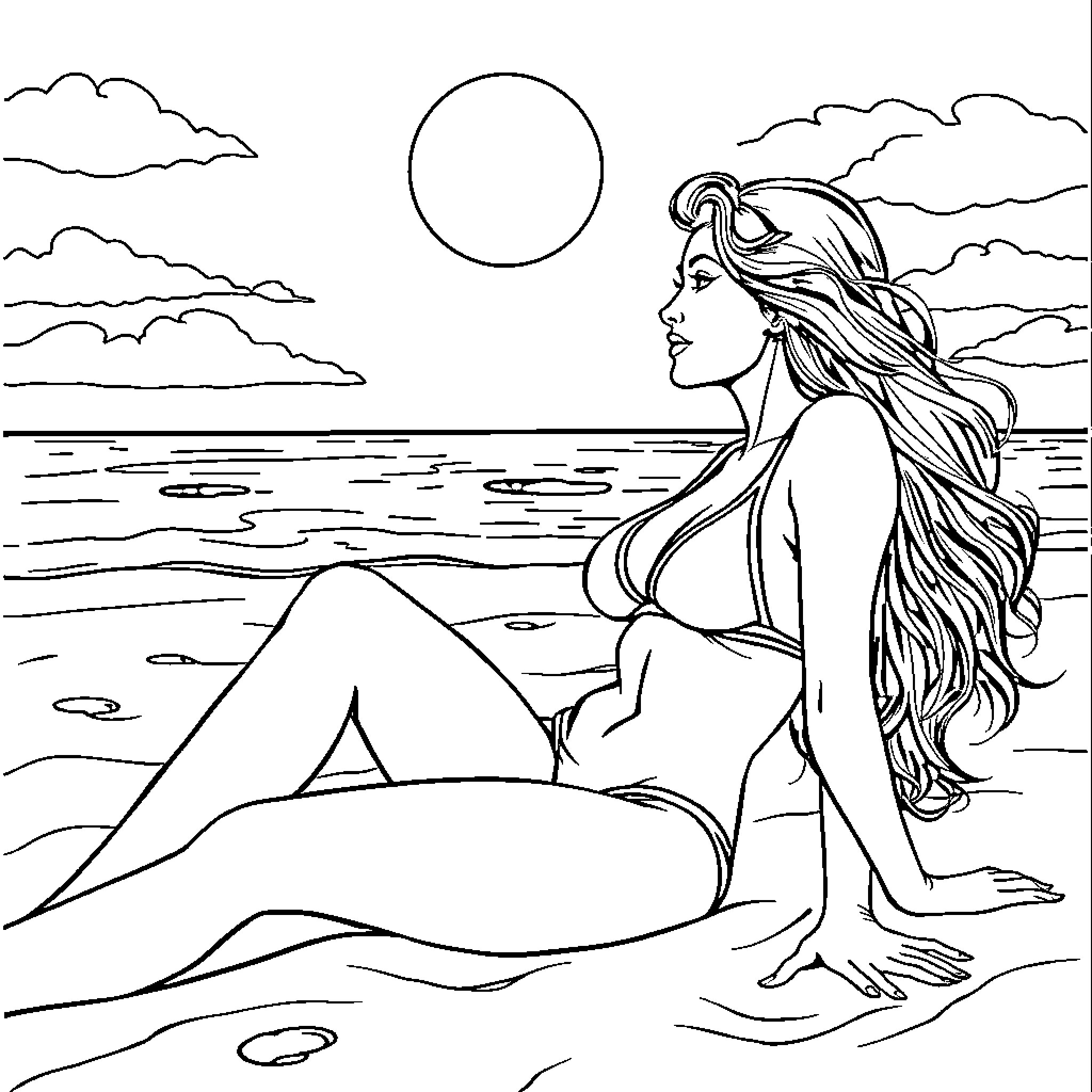 Woman relaxing on the beach under the sun Coloring Page (free black-and-white line drawing printable PDF for all, from beginners to advanced learners, including children, teens, adults, and seniors)