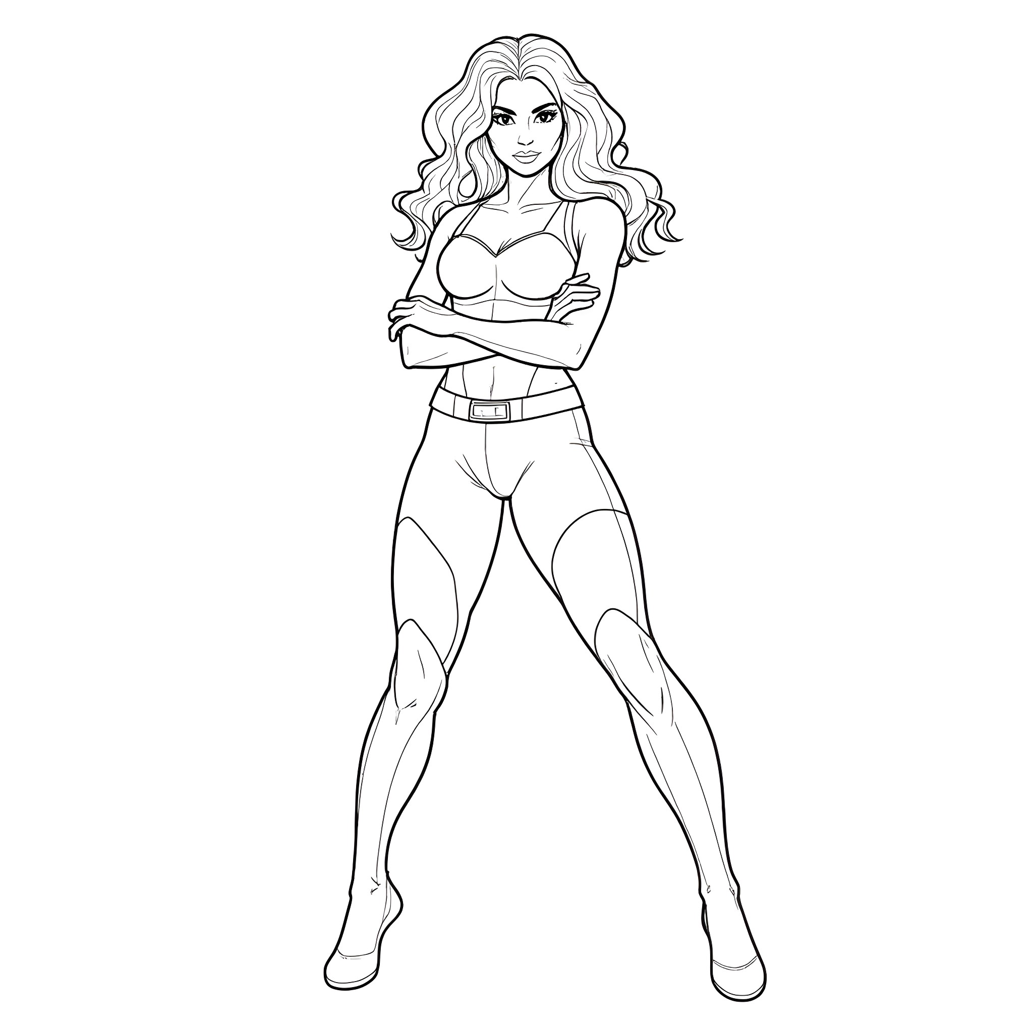 Rogue Woman Standing Defiantly with Crossed Arms Coloring Page (free black-and-white line drawing printable PDF for all, from beginners to advanced learners, including children, teens, adults, and seniors)