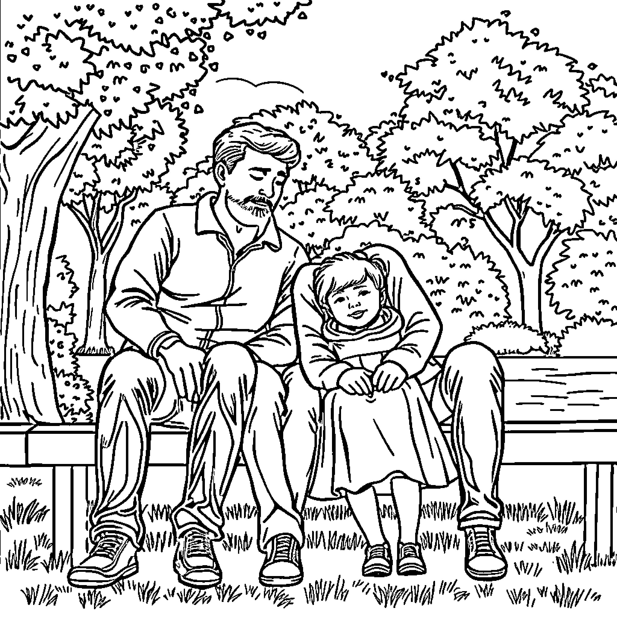 Family Enjoying Outdoor Scenery Together Coloring Page (free black-and-white line drawing printable PDF for all, from beginners to advanced learners, including children, teens, adults, and seniors)