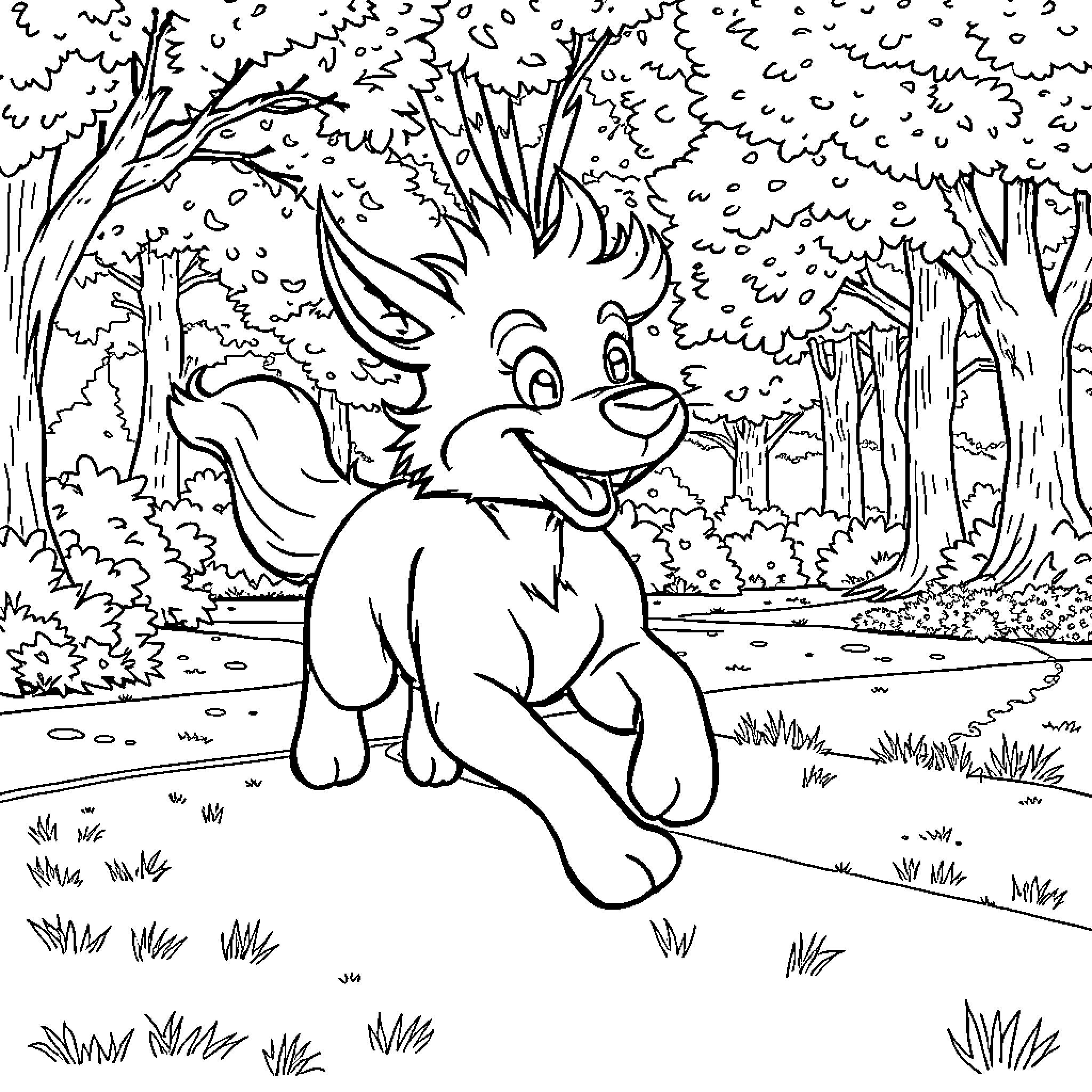 Flash Cartoon Animal in the Forest Coloring Page (free black-and-white line drawing printable PDF for all, from beginners to advanced learners, including children, teens, adults, and seniors)