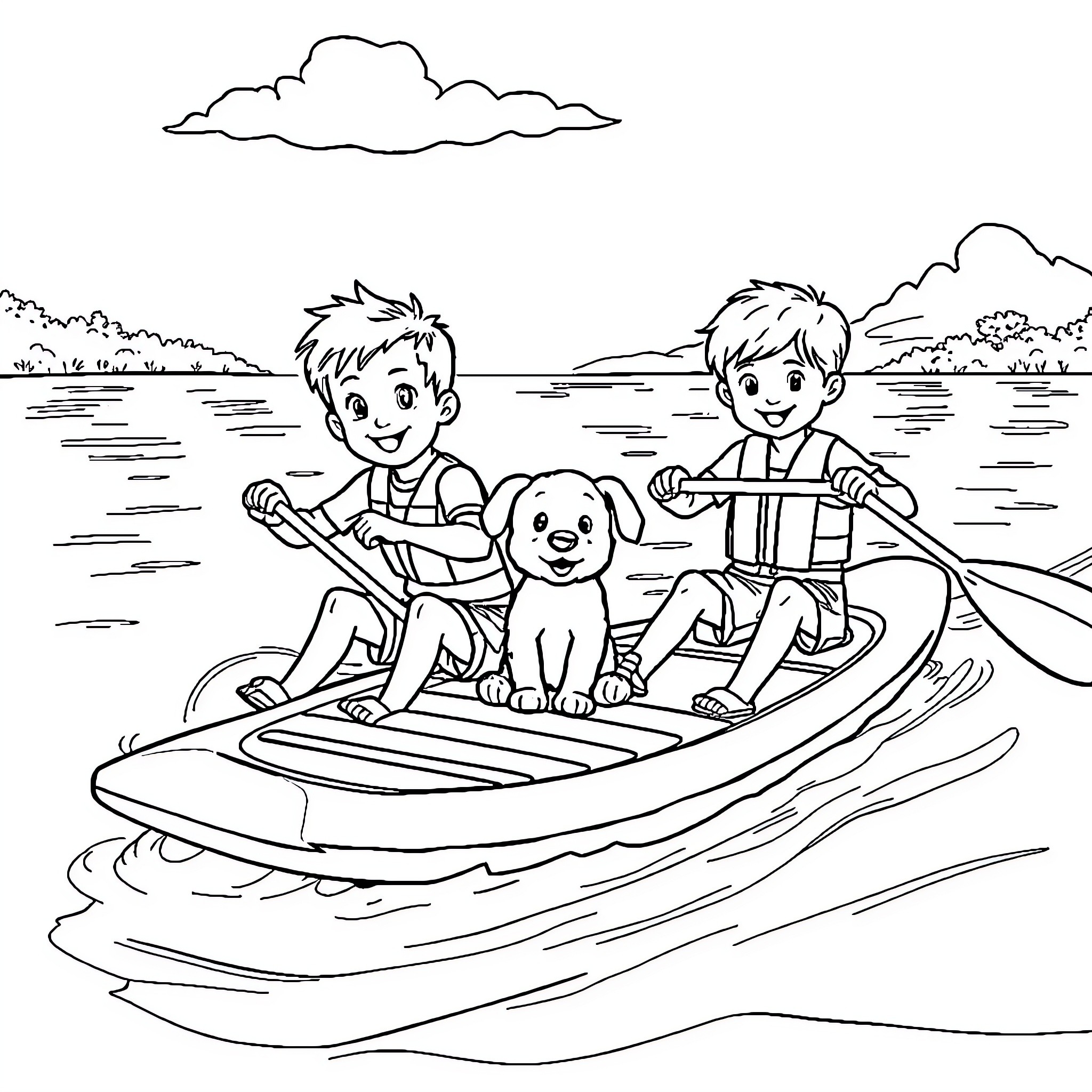 Boys boating with their dog on the lake Coloring Page (free black-and-white line drawing printable PDF for all, from beginners to advanced learners, including children, teens, adults, and seniors)