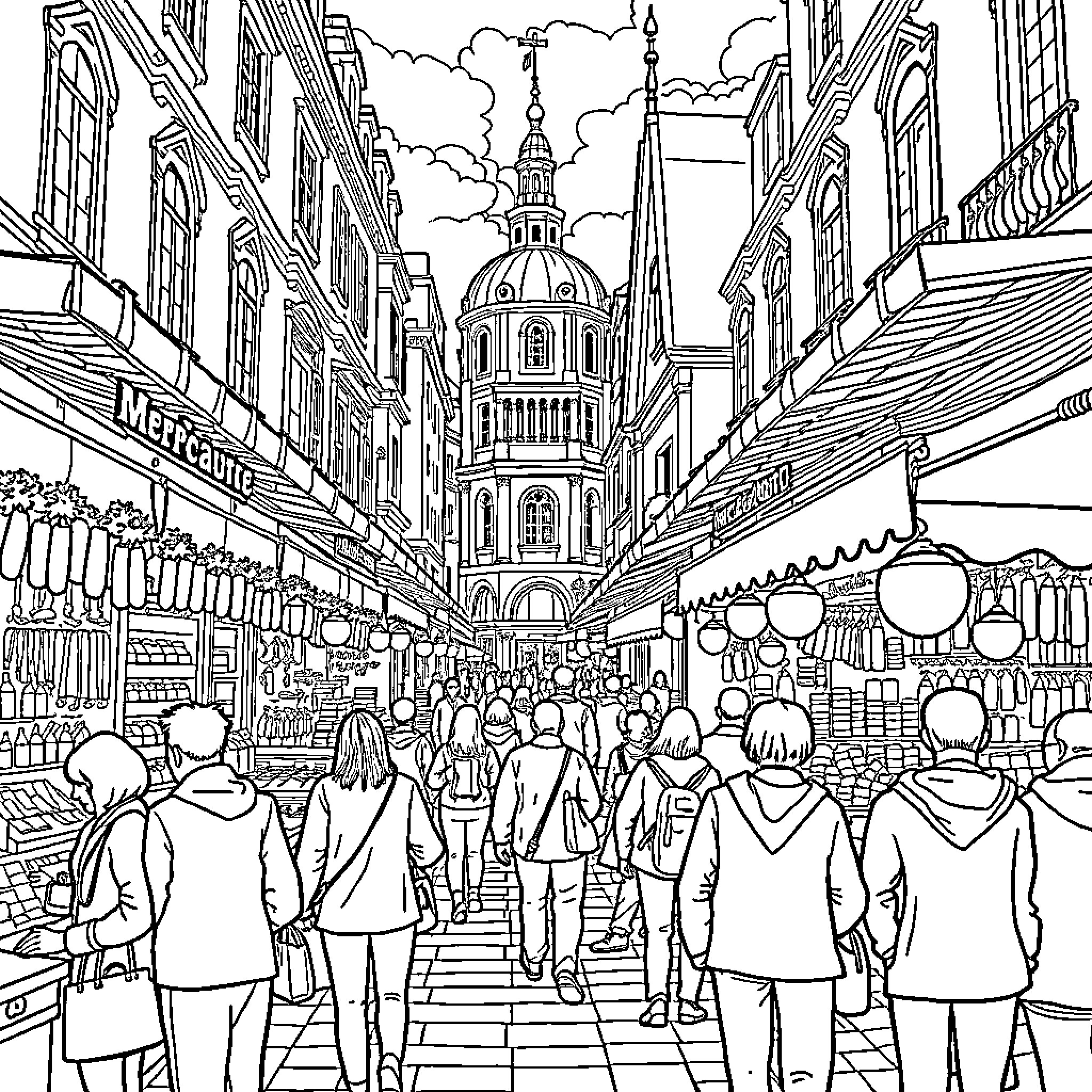 Mermaid's Bustling Urban Adventure Coloring Page (free black-and-white line drawing printable PDF for all, from beginners to advanced learners, including children, teens, adults, and seniors)