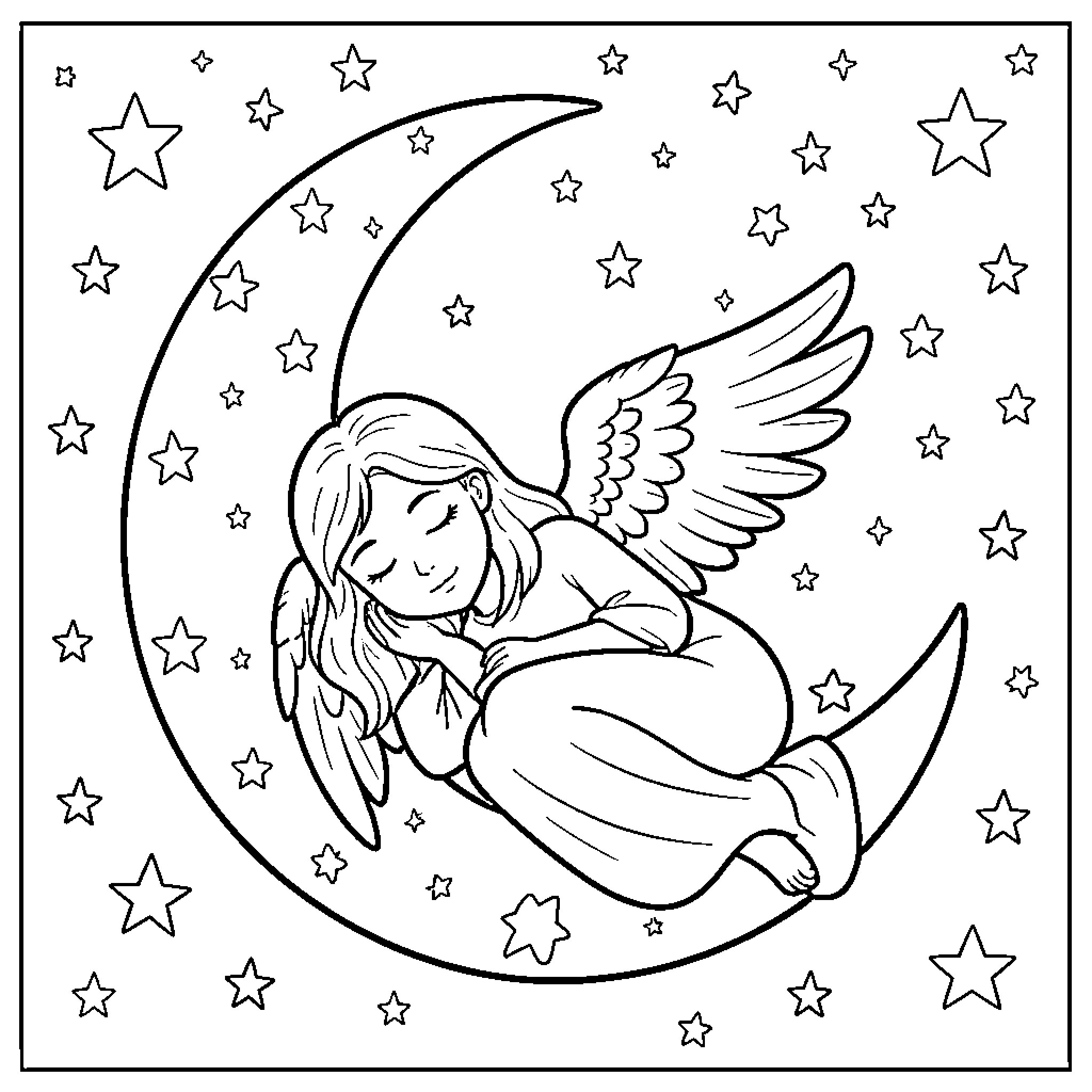 Angel resting peacefully under starry night sky Coloring Page (free black-and-white line drawing printable PDF for all, from beginners to advanced learners, including children, teens, adults, and seniors)