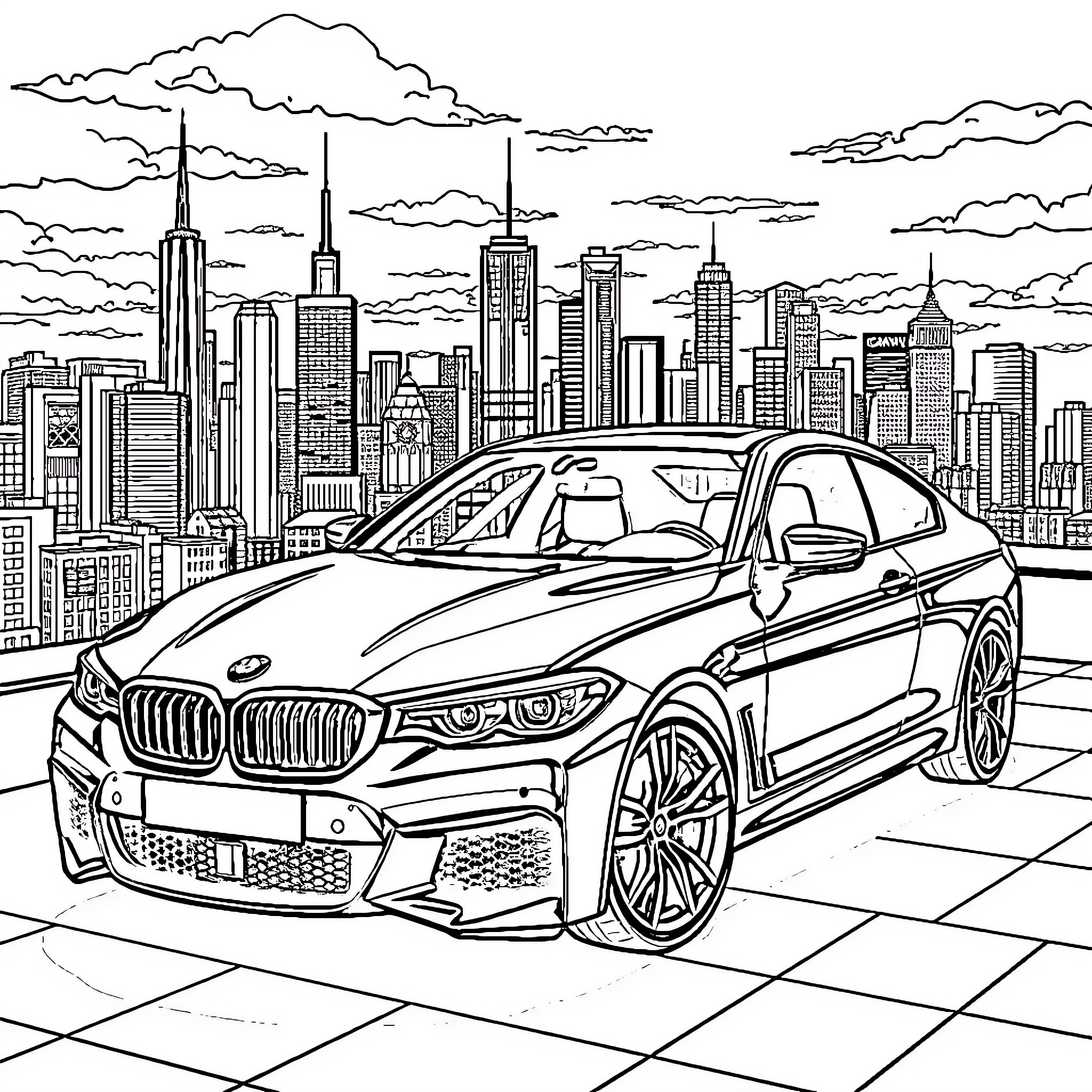 BMW Sports Car in the City Skyline Coloring Page (free black-and-white line drawing printable PDF for all, from beginners to advanced learners, including children, teens, adults, and seniors)