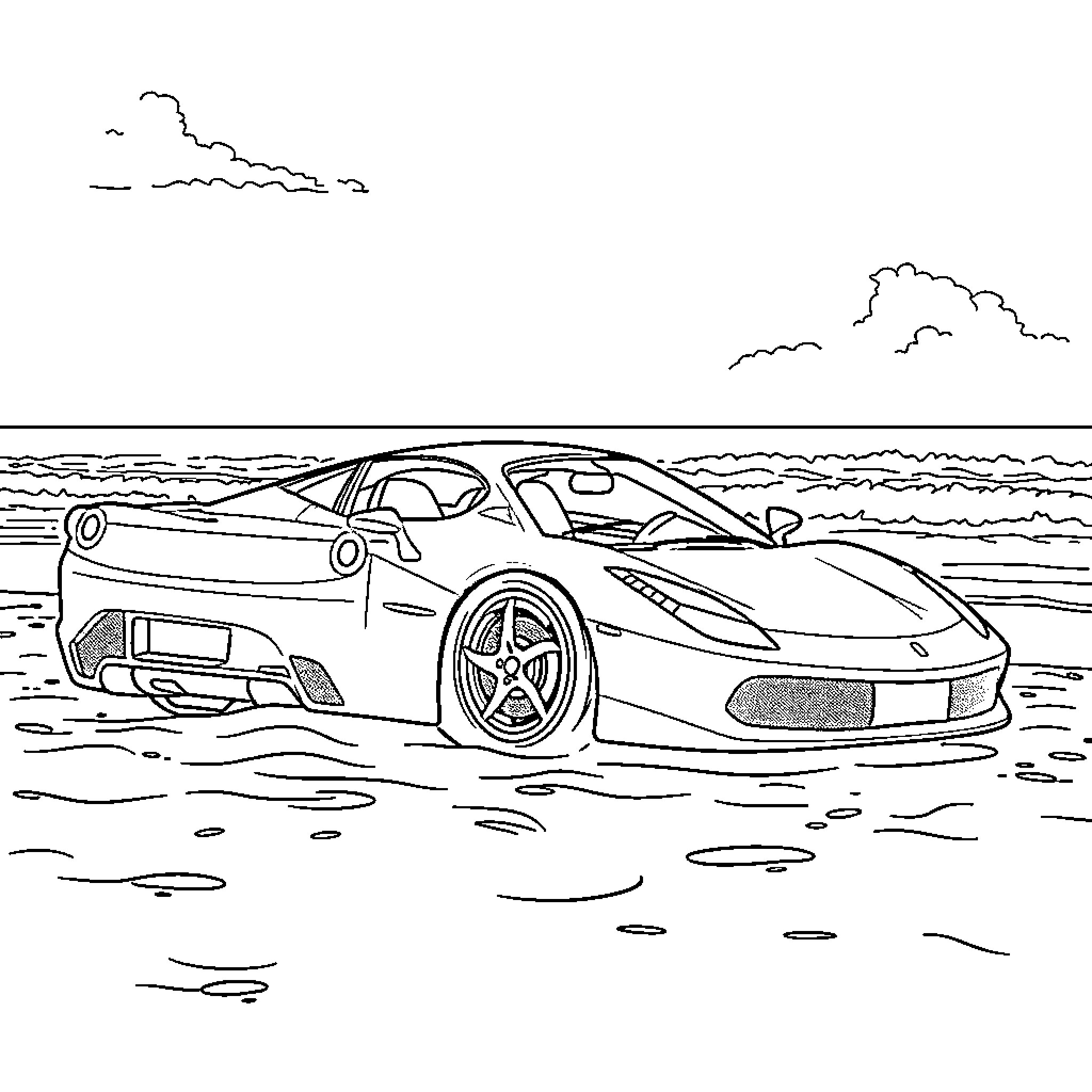 Ferrari sports car racing on the beach Coloring Page (free black-and-white line drawing printable PDF for all, from beginners to advanced learners, including children, teens, adults, and seniors)