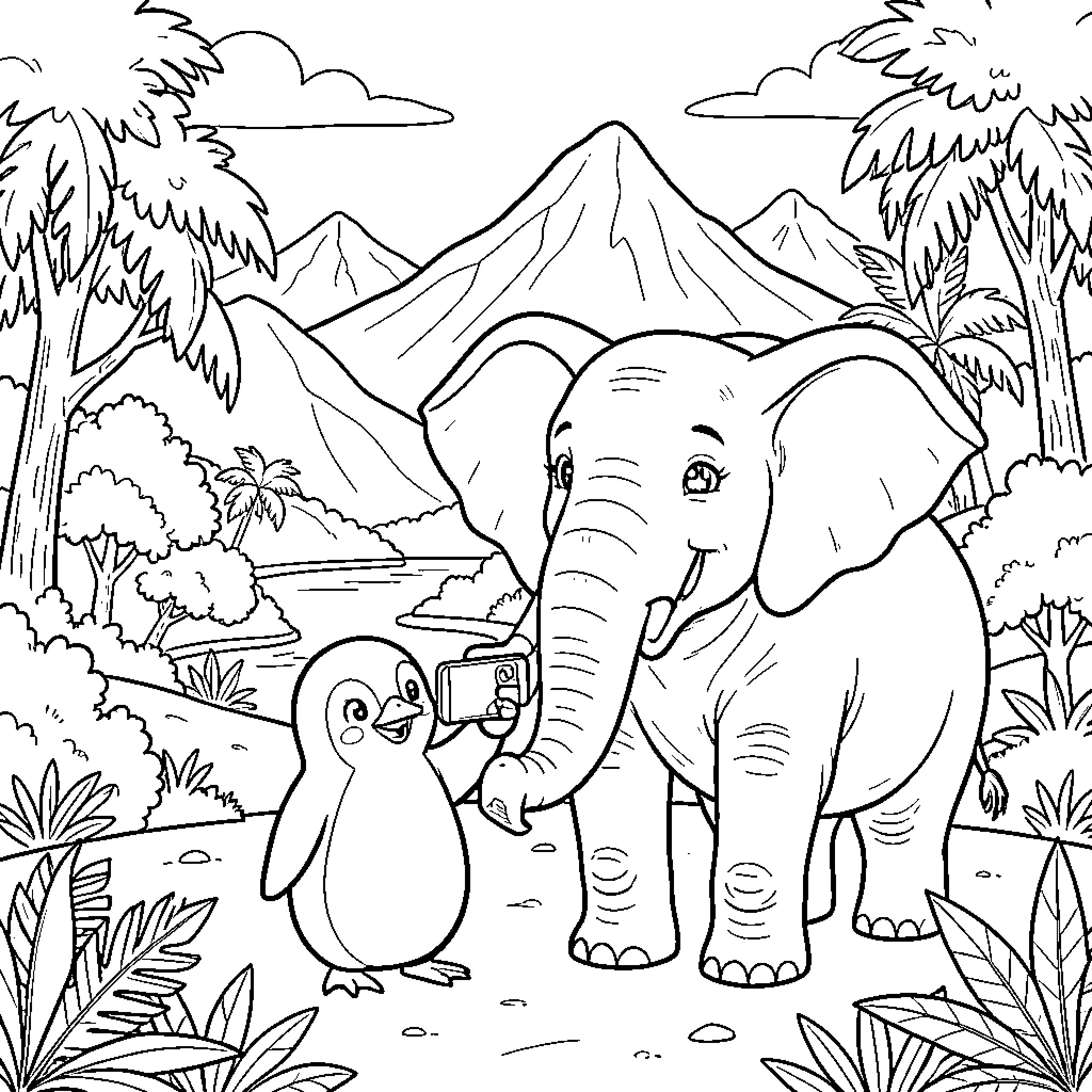 Penguin and Elephant in Tropical Jungle Coloring Page (free black-and-white line drawing printable PDF for all, from beginners to advanced learners, including children, teens, adults, and seniors)