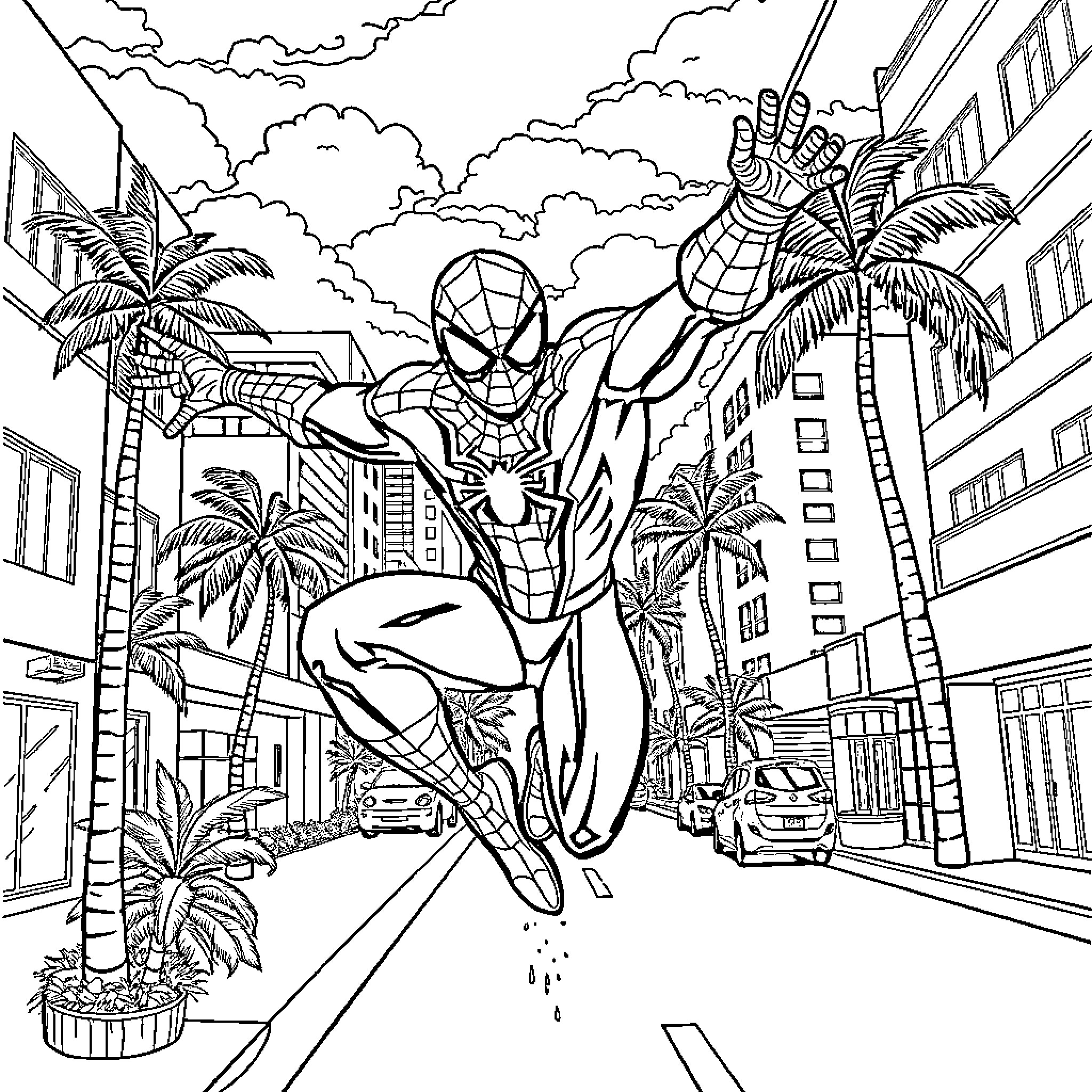 Spider-Man swinging through a vibrant city scene Coloring Page (free black-and-white line drawing printable PDF for all, from beginners to advanced learners, including children, teens, adults, and seniors)