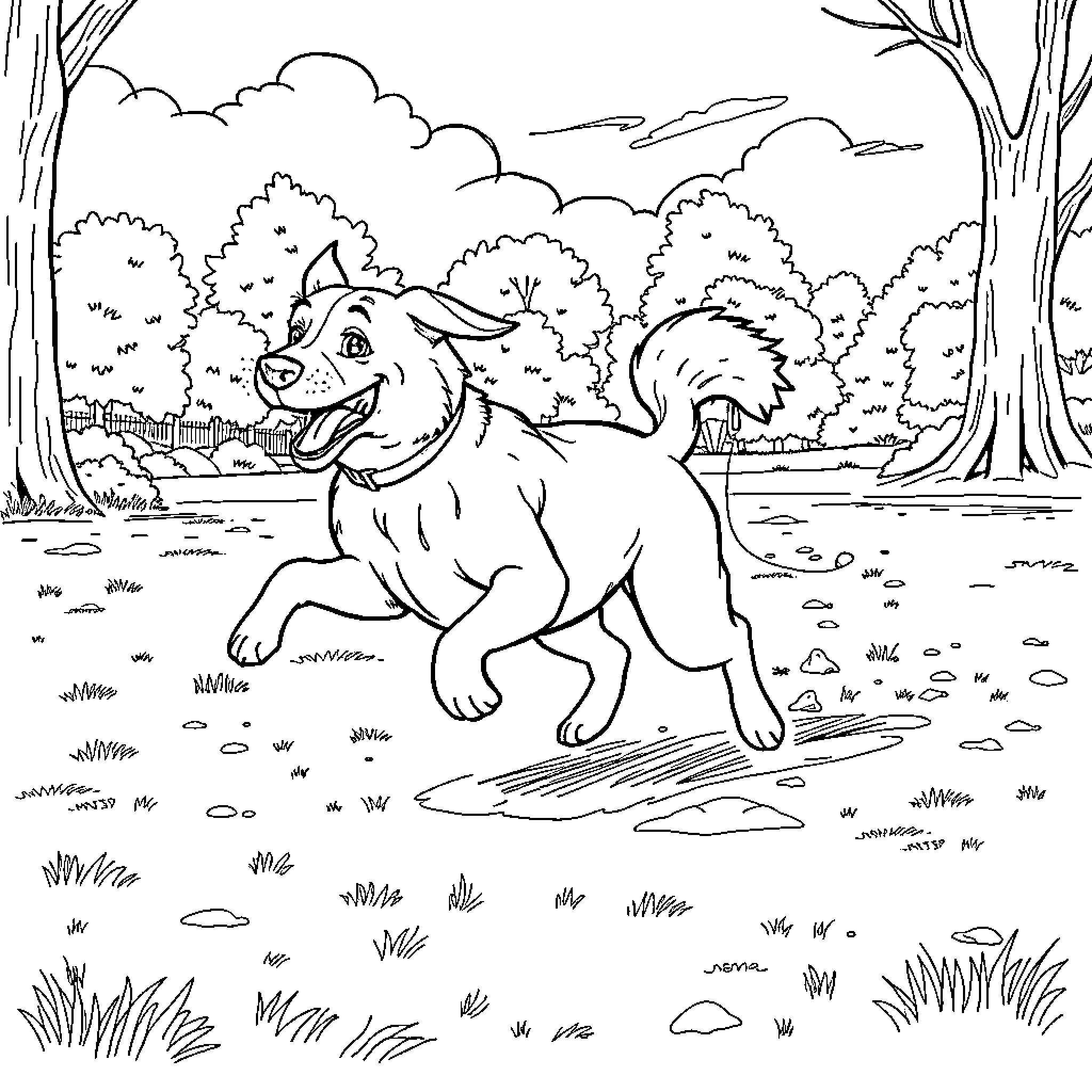 Dog running happily in the forest Coloring Page (free black-and-white line drawing printable PDF for all, from beginners to advanced learners, including children, teens, adults, and seniors)