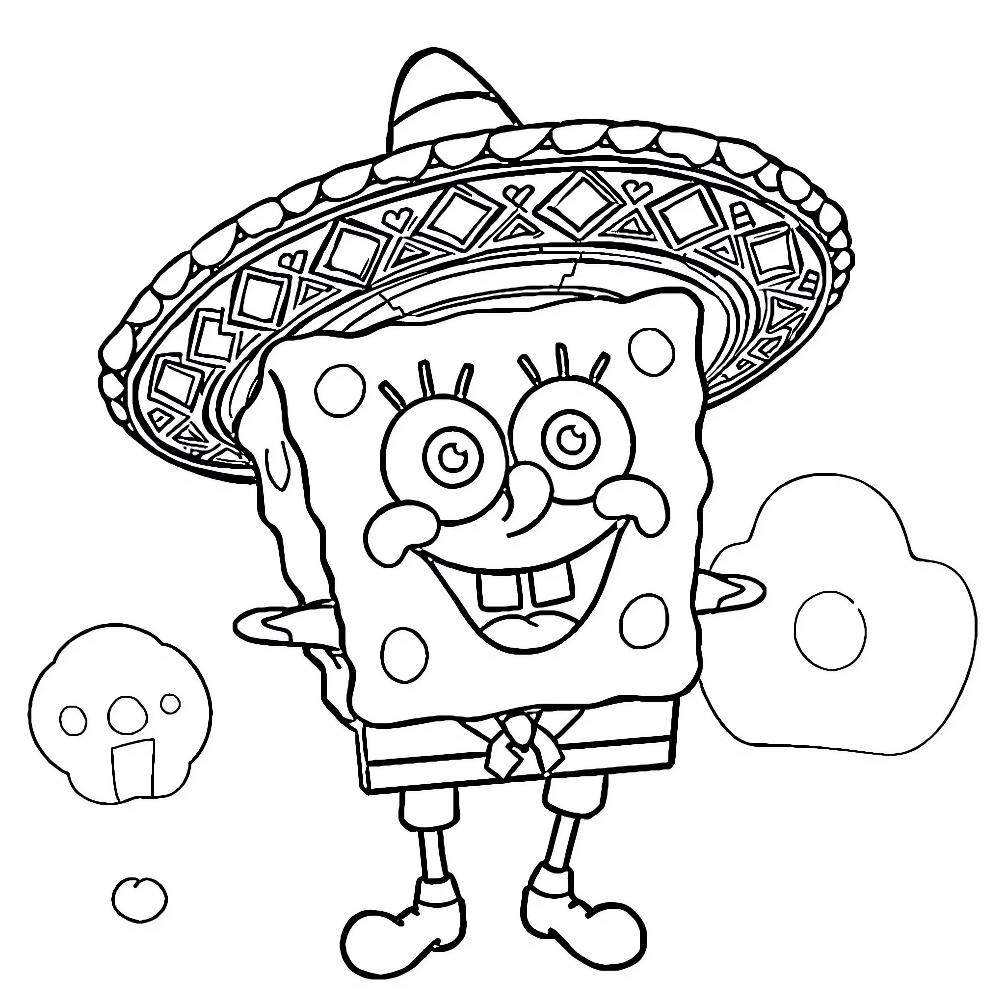 Spongebob wearing a sombrero with a happy expression Coloring Page (free black-and-white line drawing printable PDF for all, from beginners to advanced learners, including children, teens, adults, and seniors)