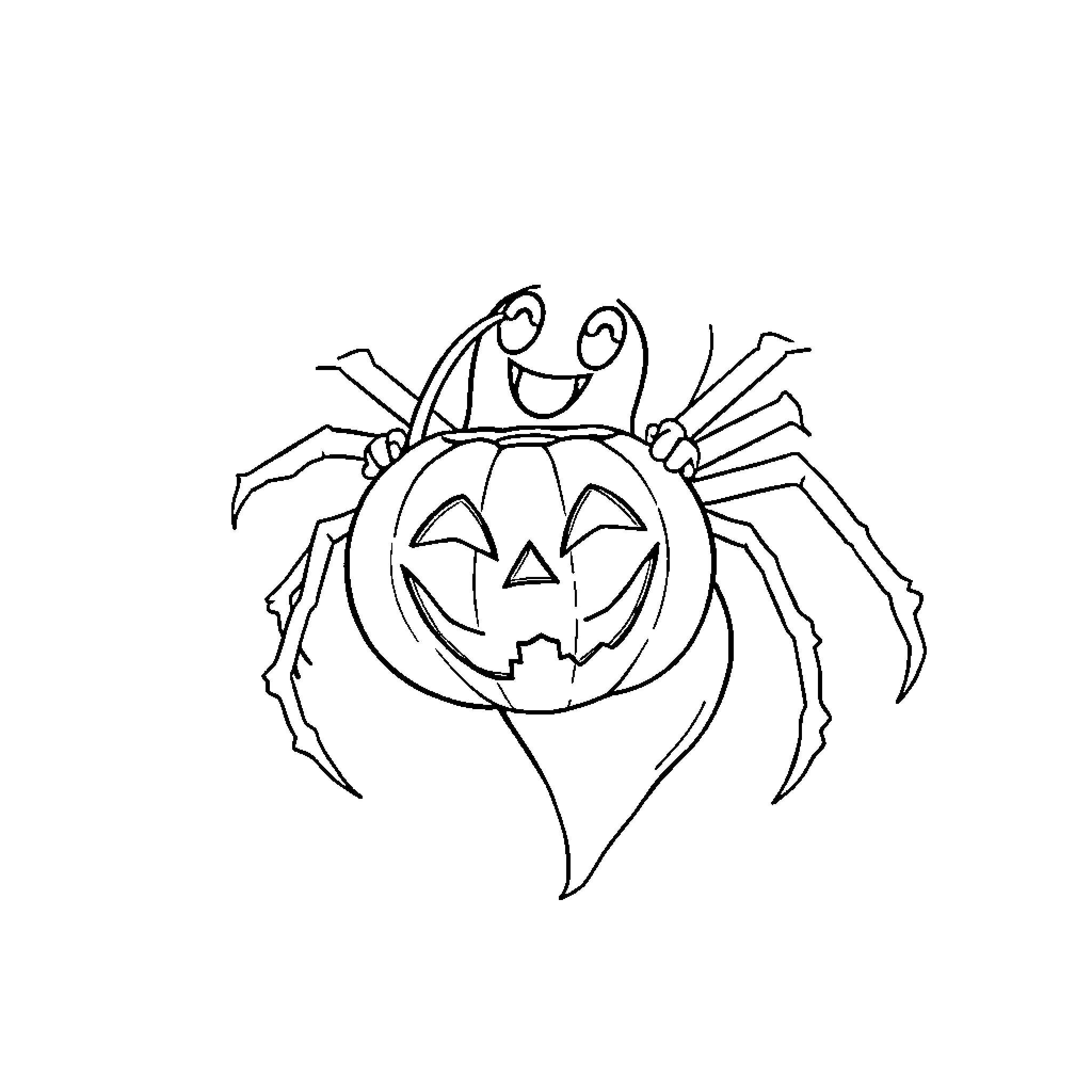 Spider-shaped pumpkin Halloween decoration Coloring Page (free black-and-white line drawing printable PDF for all, from beginners to advanced learners, including children, teens, adults, and seniors)