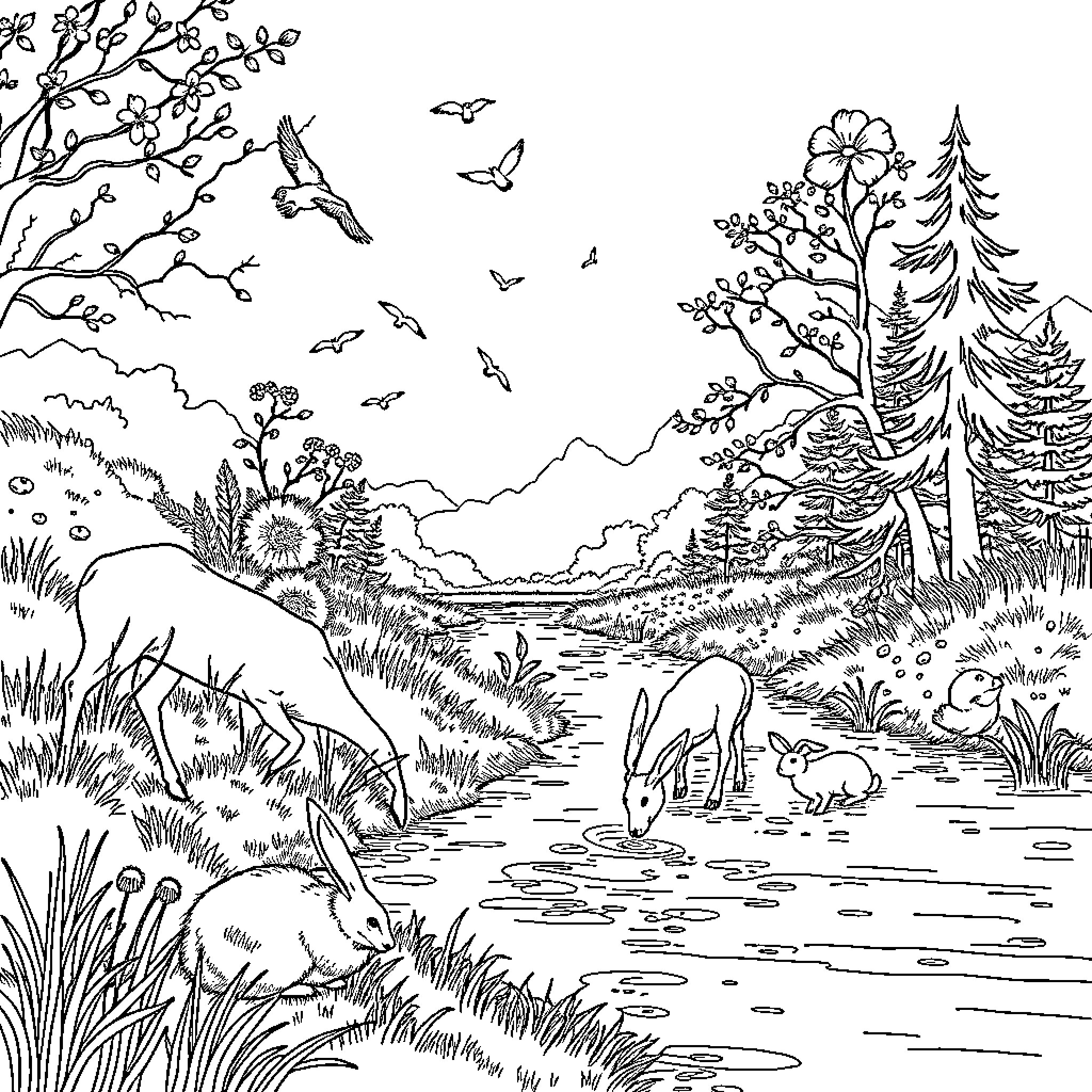 Animal scene with wildlife in natural landscape Coloring Page (free black-and-white line drawing printable PDF for all, from beginners to advanced learners, including children, teens, adults, and seniors)