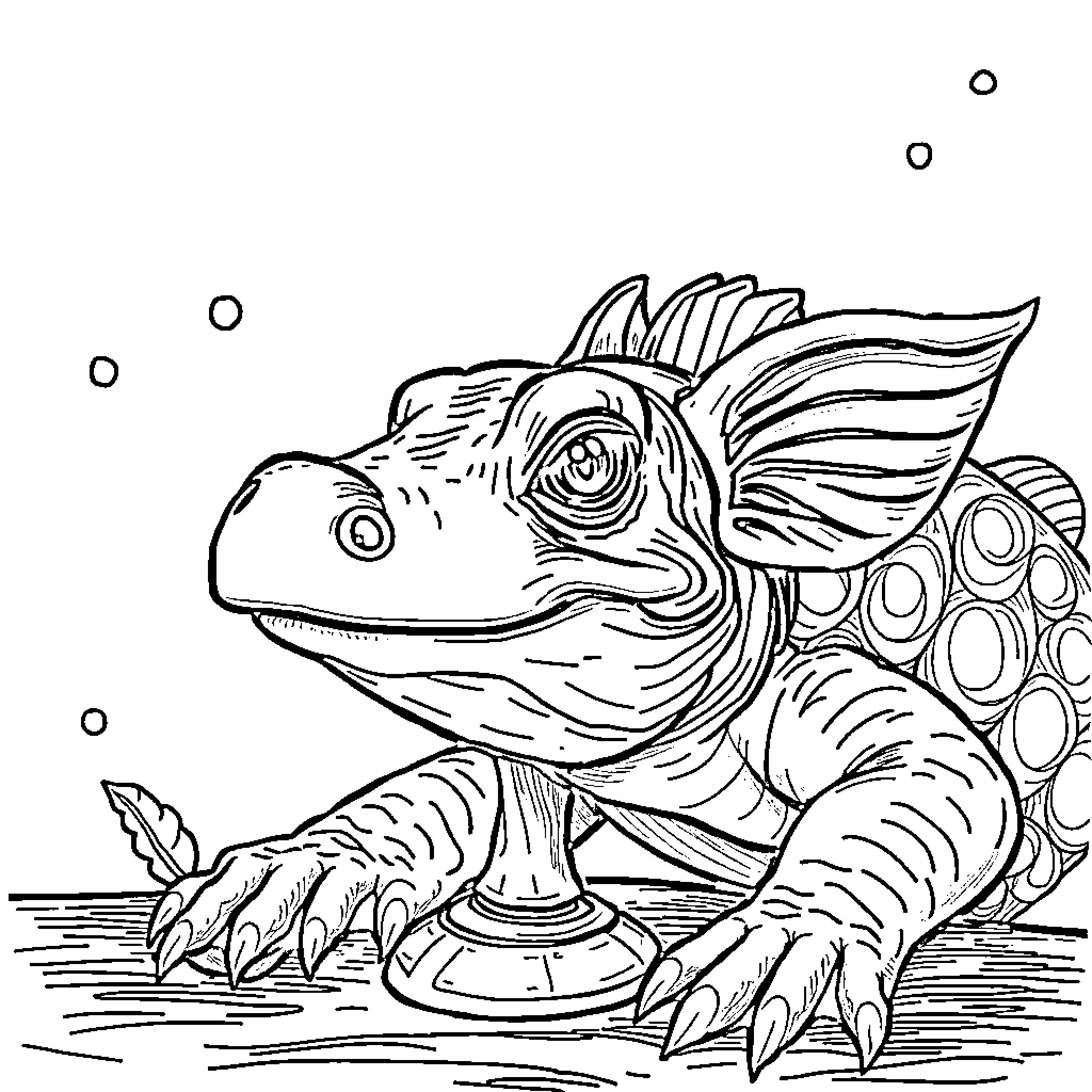 Monster Reptilian creature swimming underwater Coloring Page (free black-and-white line drawing printable PDF for all, from beginners to advanced learners, including children, teens, adults, and seniors)