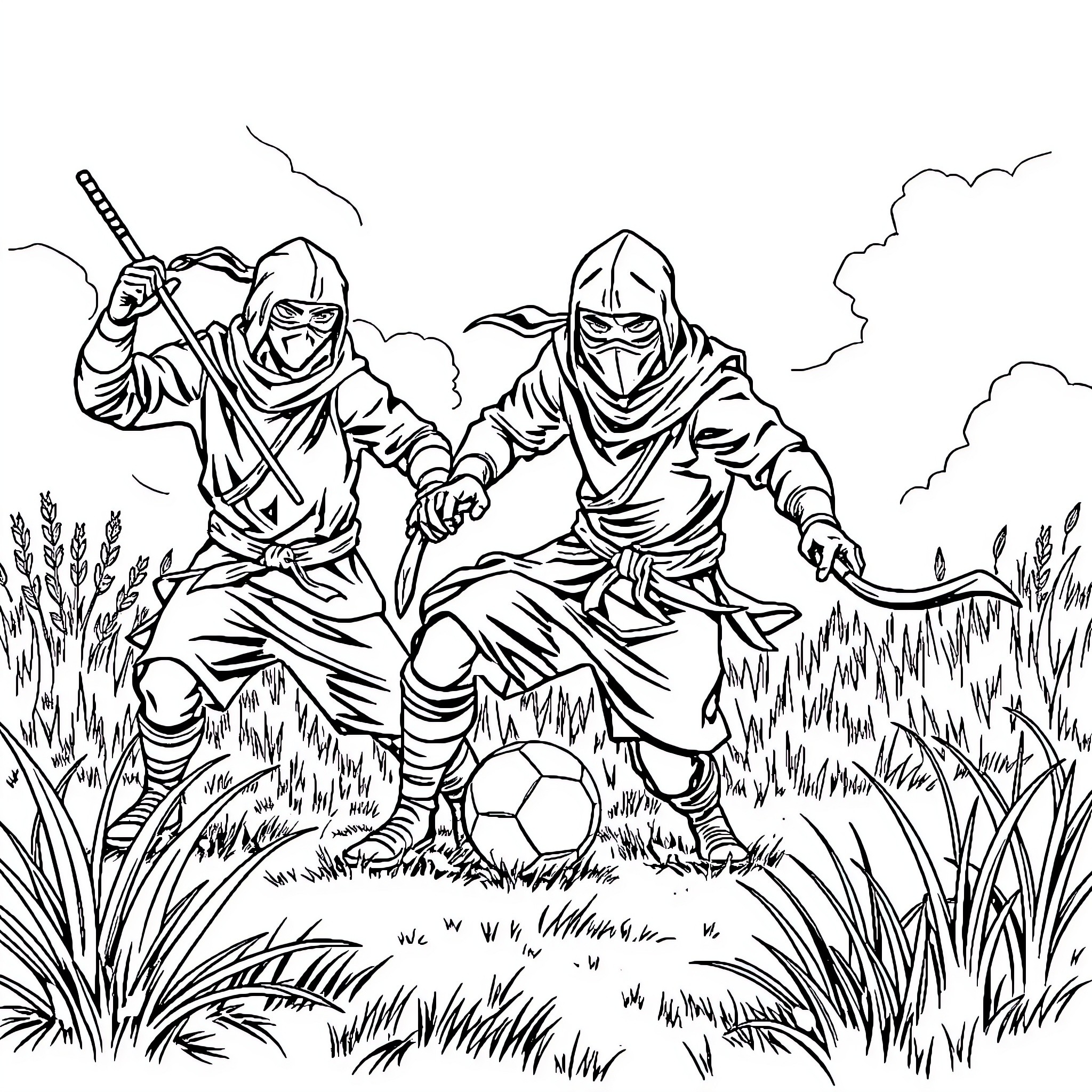 Ninja warriors battling in a grassy field Coloring Page (free black-and-white line drawing printable PDF for all, from beginners to advanced learners, including children, teens, adults, and seniors)