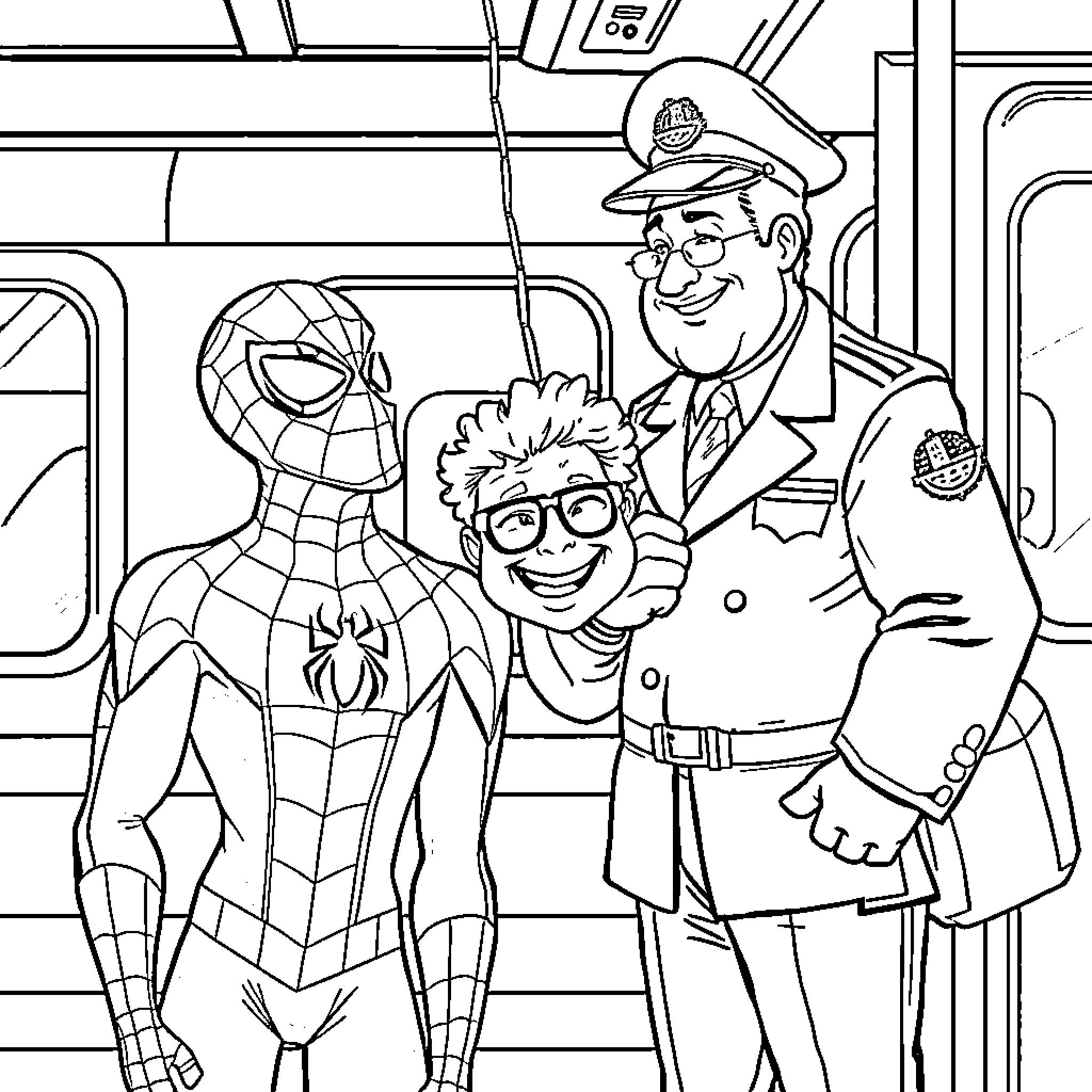 Spiderman meets police officer and elderly passenger on train Coloring Page (free black-and-white line drawing printable PDF for all, from beginners to advanced learners, including children, teens, adults, and seniors)